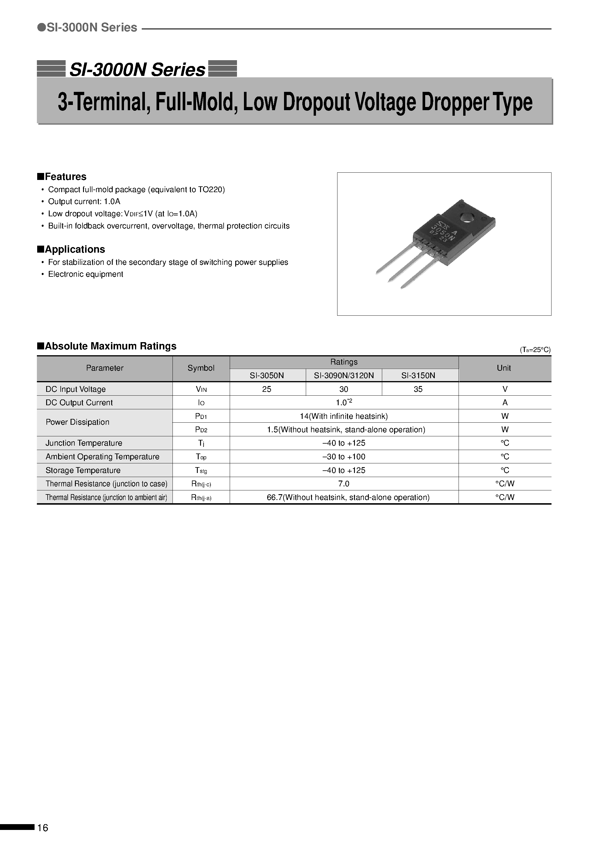 Datasheet SI-3050N - 3-Terminal/ Full-Mold/ Low Dropout Voltage Dropper Type page 1