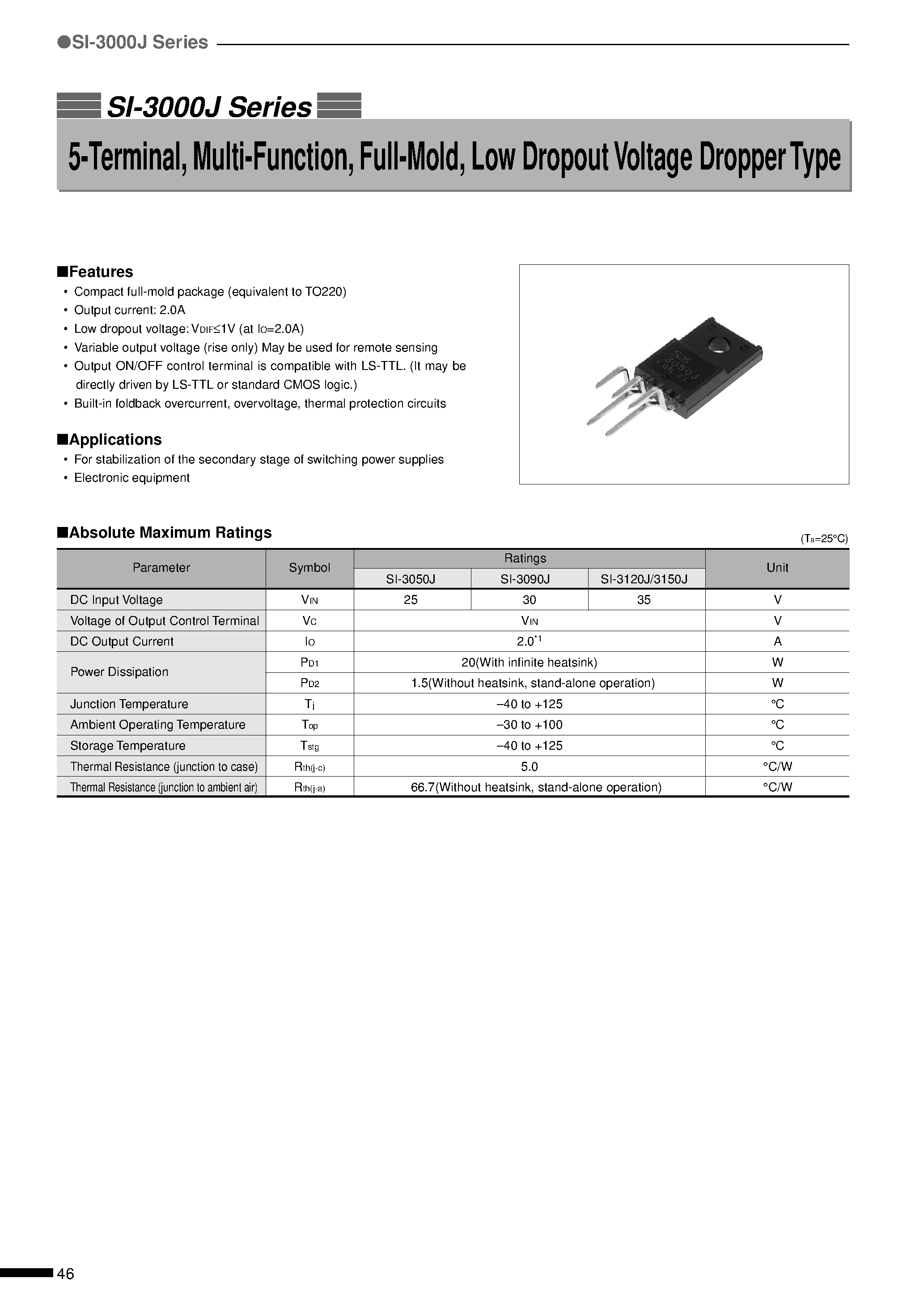 Datasheet SI-3150J - 5-Terminal/ Multi-Function/ Full-Mold/ Low Dropout Voltage Dropper Type page 1