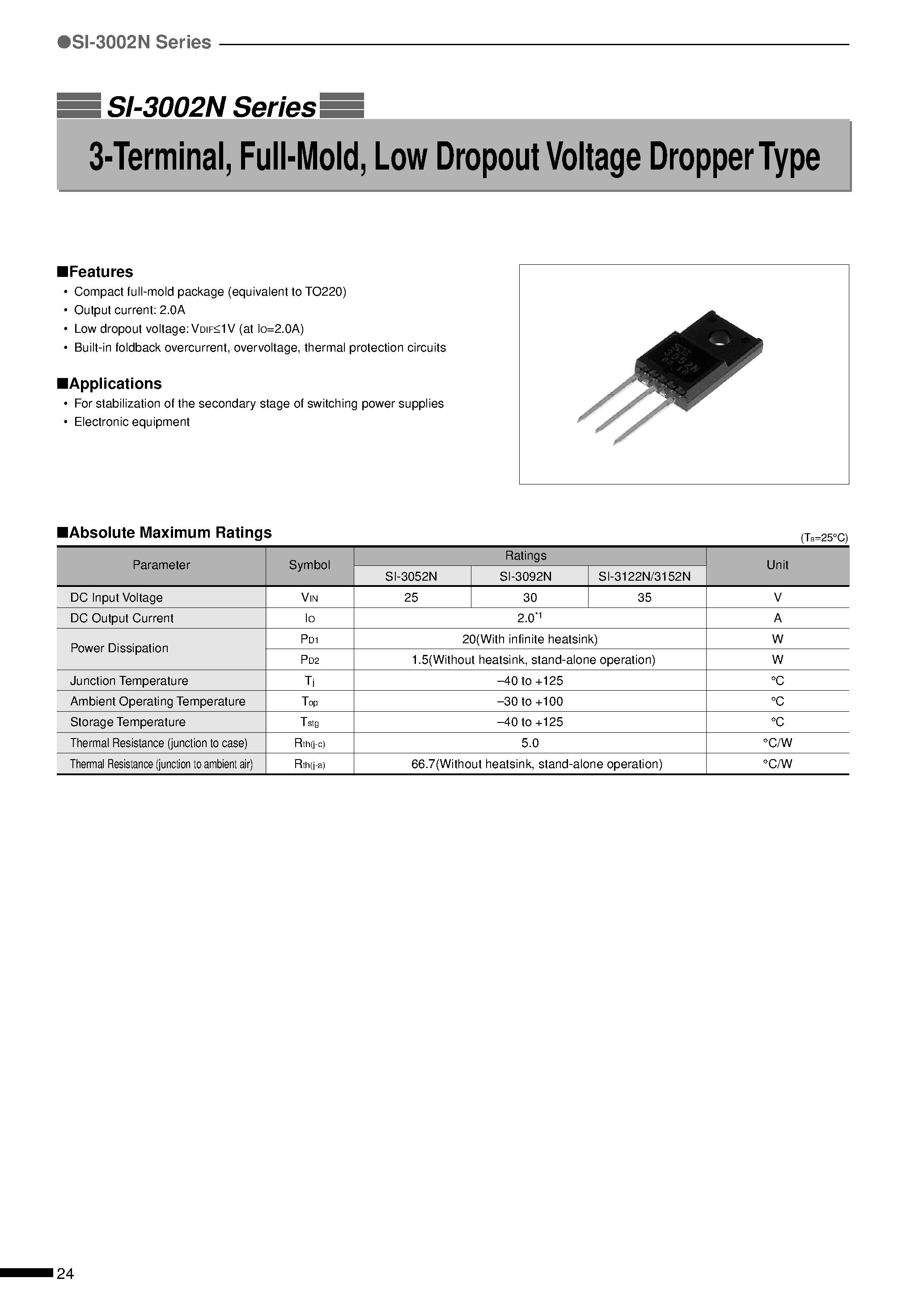 Datasheet SI-3152N - 3-Terminal/ Full-Mold/ Low Dropout Voltage Dropper Type page 1