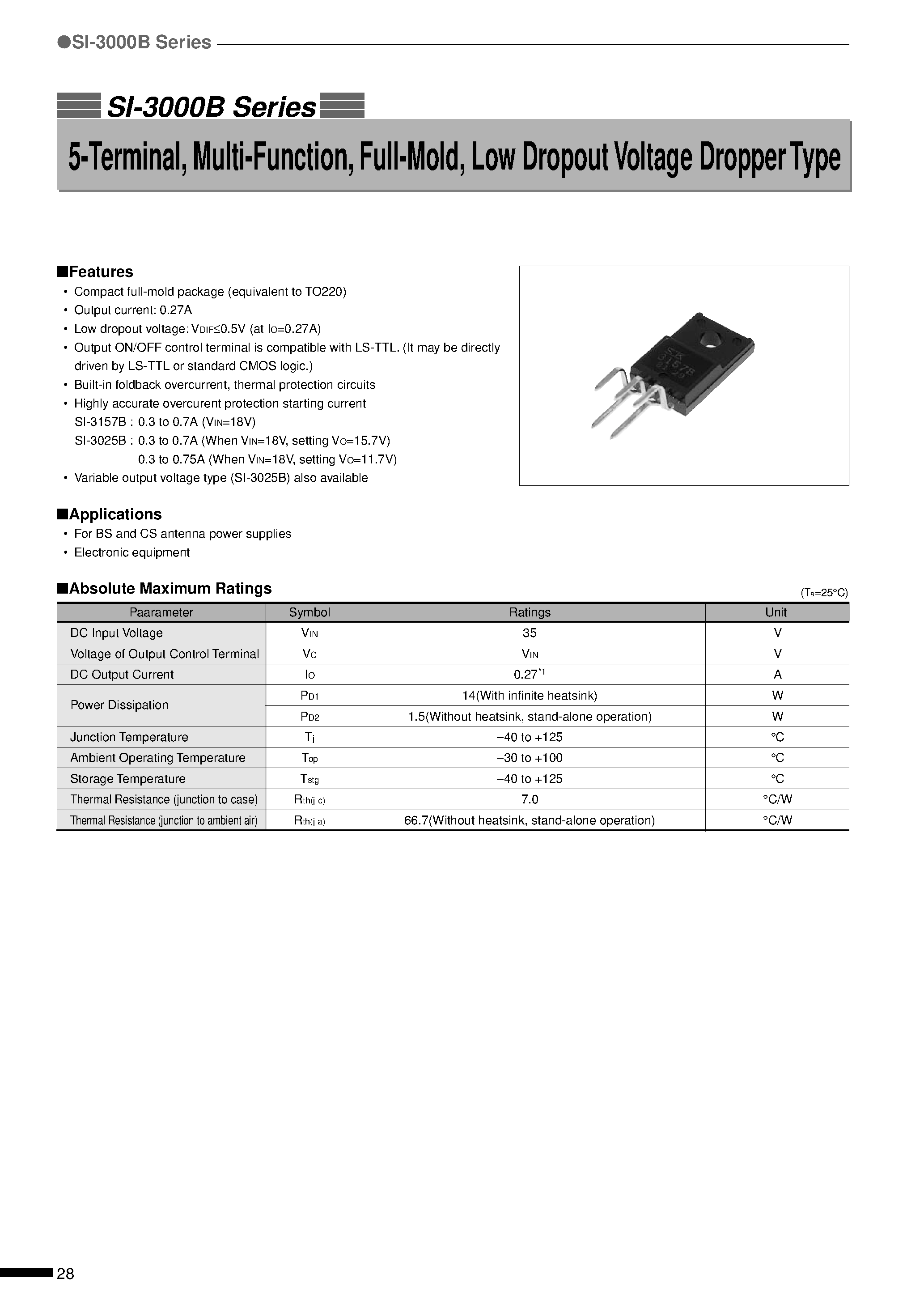 Datasheet SI-3157B - 5-Terminal/ Multi-Function/ Full-Mold/ Low Dropout Voltage Dropper Type page 1