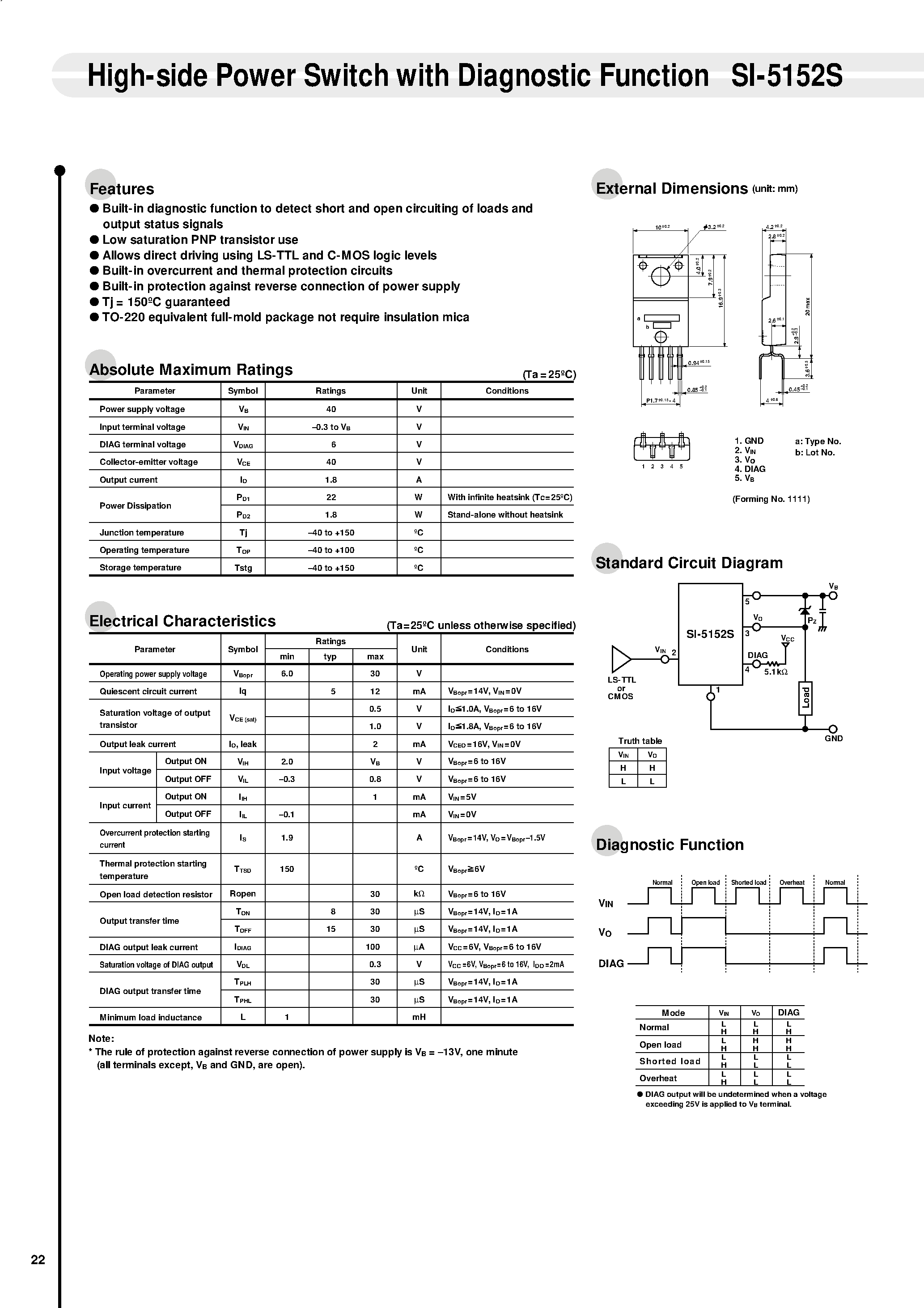 Datasheet SI-5152S - High-side Power Switch with Diagnostic Function page 1