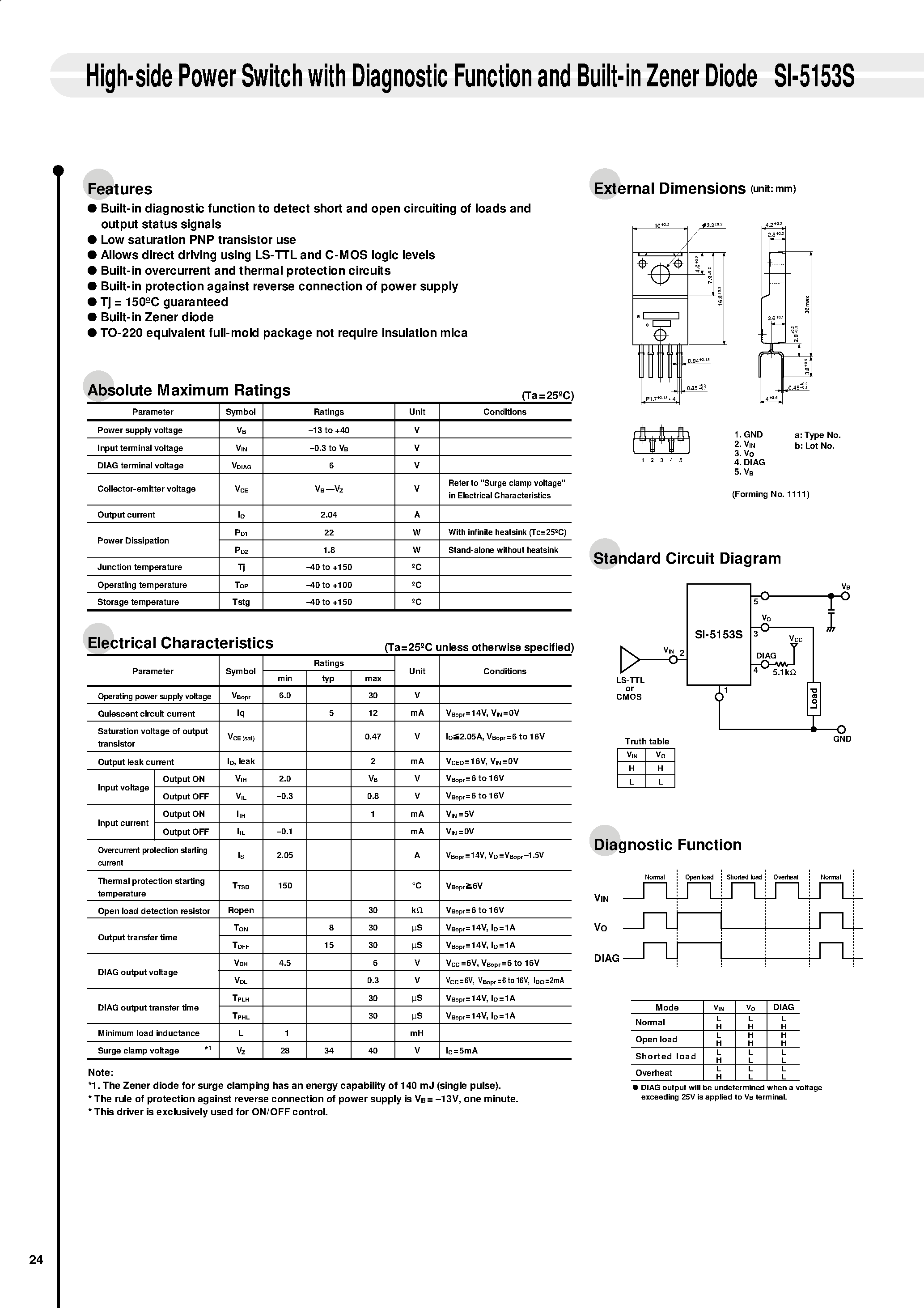 Datasheet SI-5153S page 1 Datasheet SI-5153S - High-side Power Switch with Diagnostic Function and Built-in Zener Diode page 1