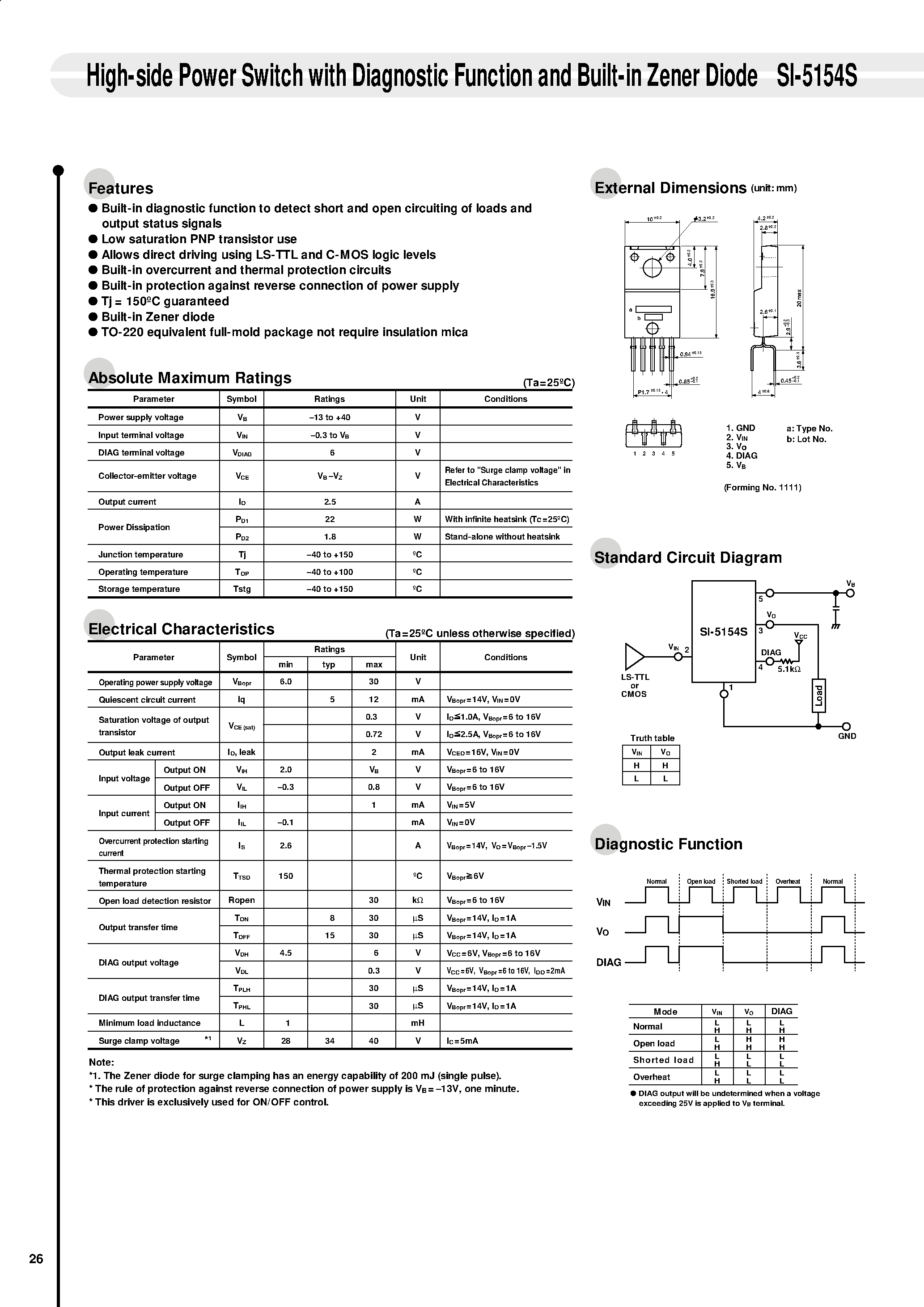 Datasheet SI-5154S page 1 Datasheet SI-5154S - High-side Power Switch with Diagnostic Function and Built-in Zener Diode page 1