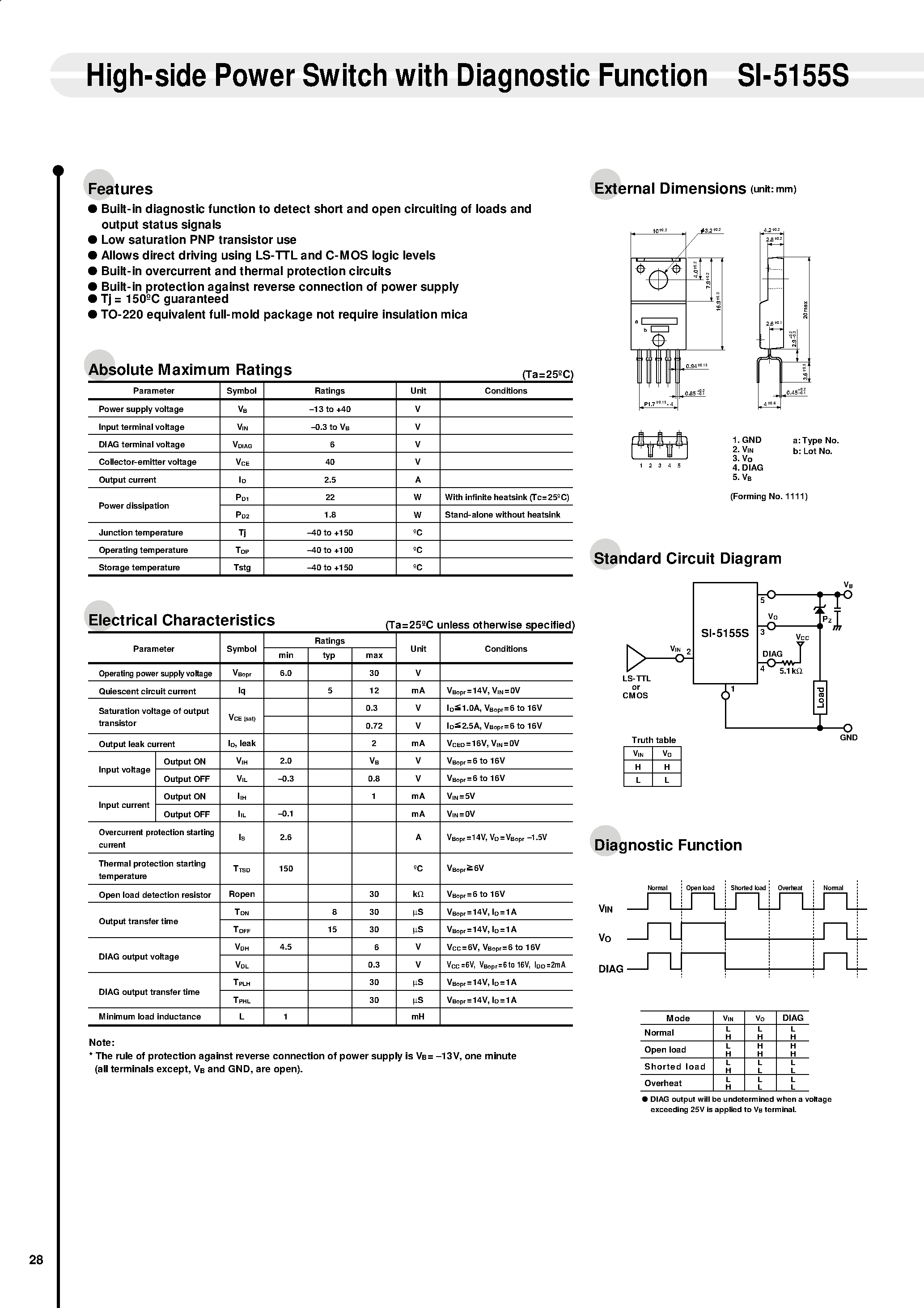 Datasheet SI-5155S page 1 Datasheet SI-5155S - High-side Power Switch with Diagnostic Function page 1