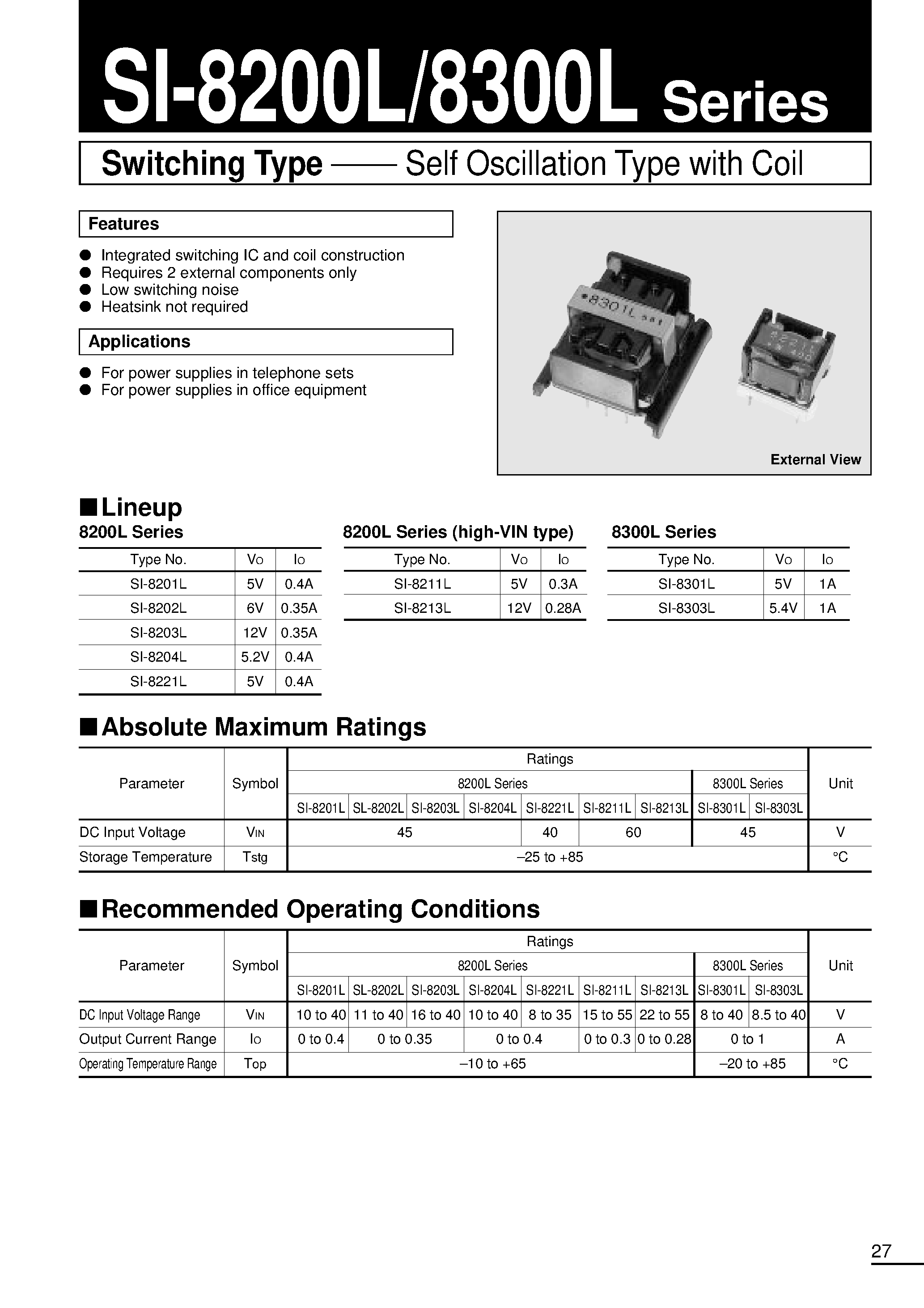 Datasheet SI-8200L-1 page 1 Datasheet SI-8200L-1 - Switching Type(Self Oscillation Type with Coil) page 1