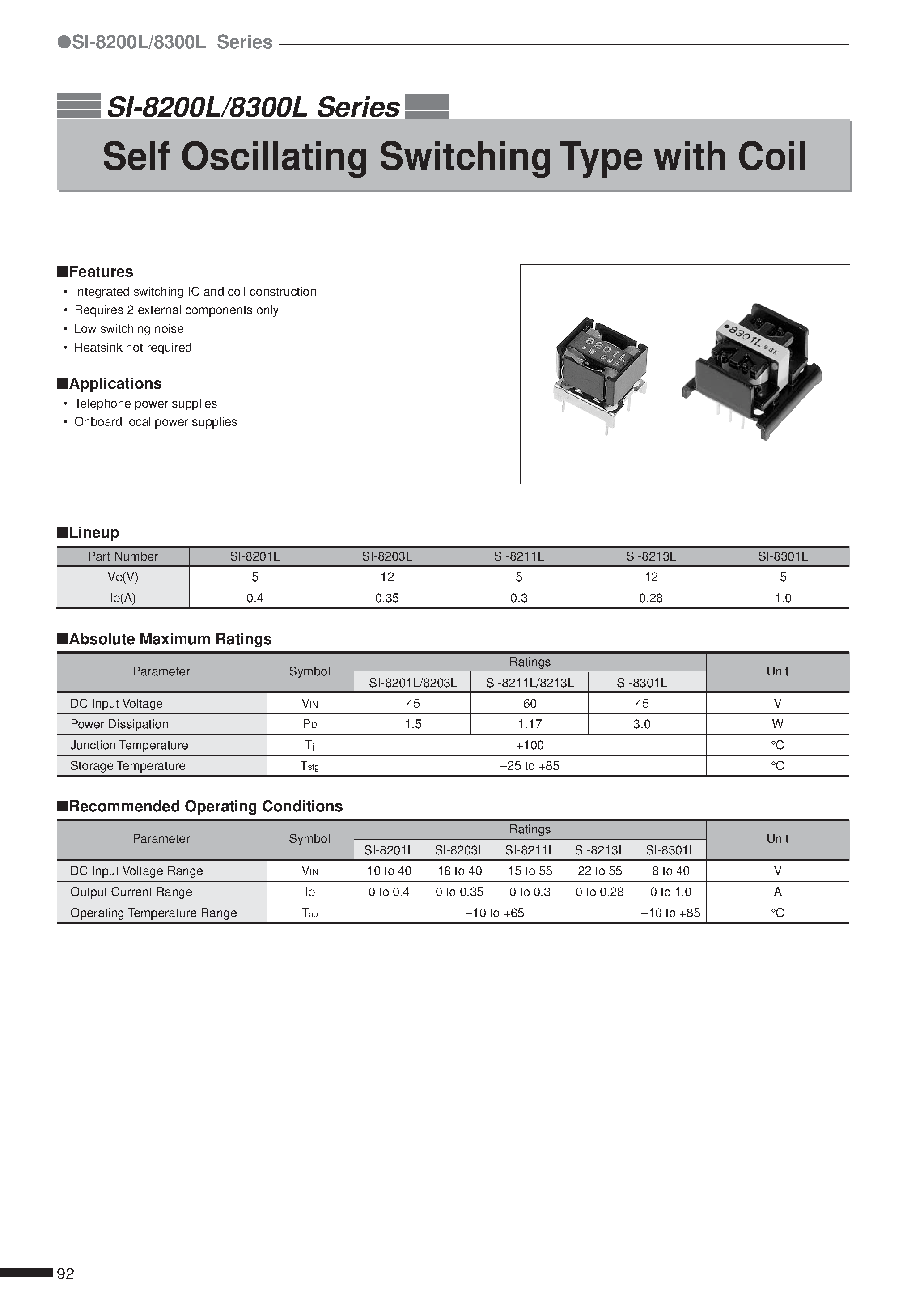 Datasheet SI-8213 page 1 Datasheet SI-8213 - Self Oscillating Switching Type with Coil page 1