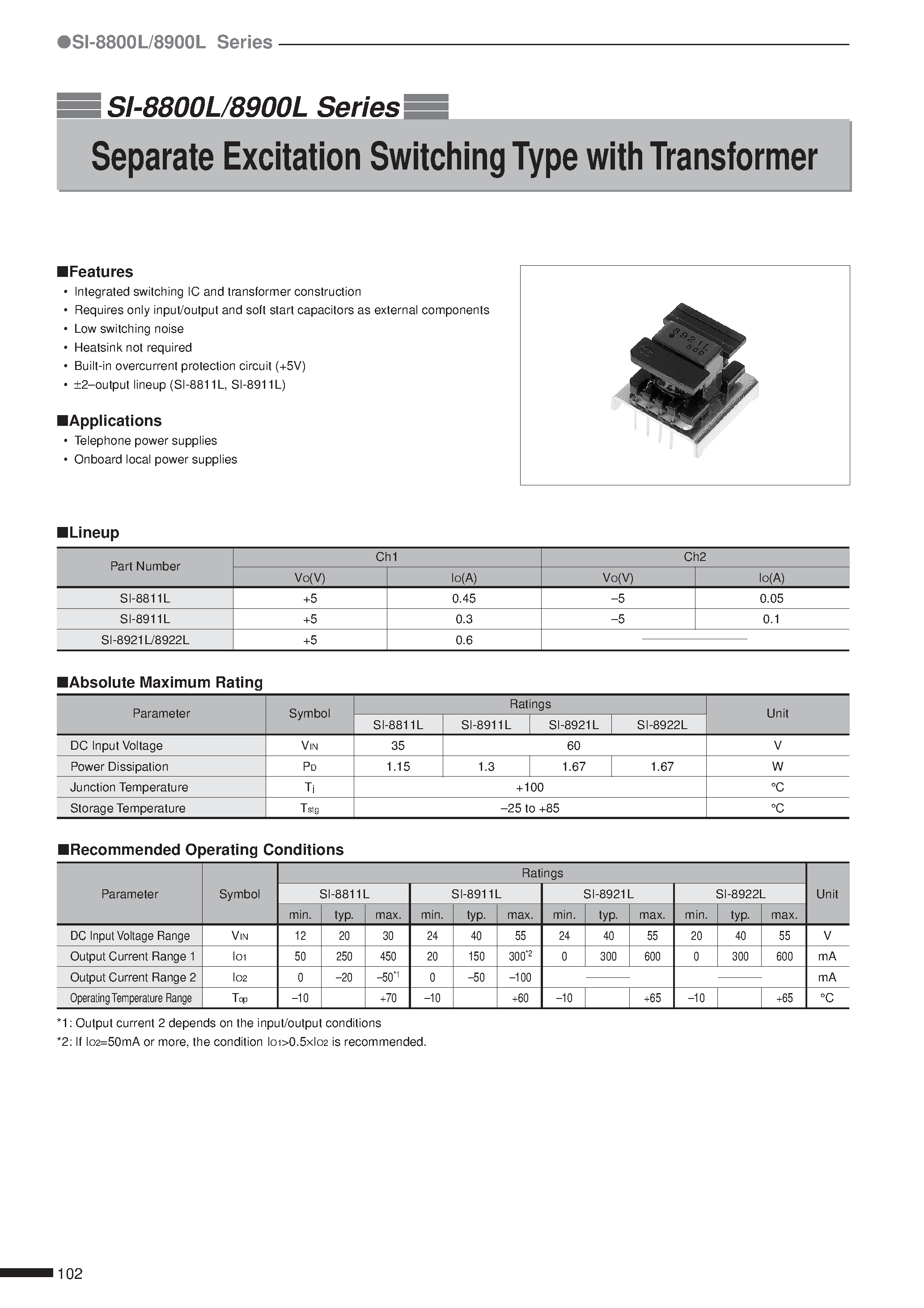 Datasheet SI-8911L page 1 Datasheet SI-8911L - Separate Excitation Switching Type with Transformer page 1