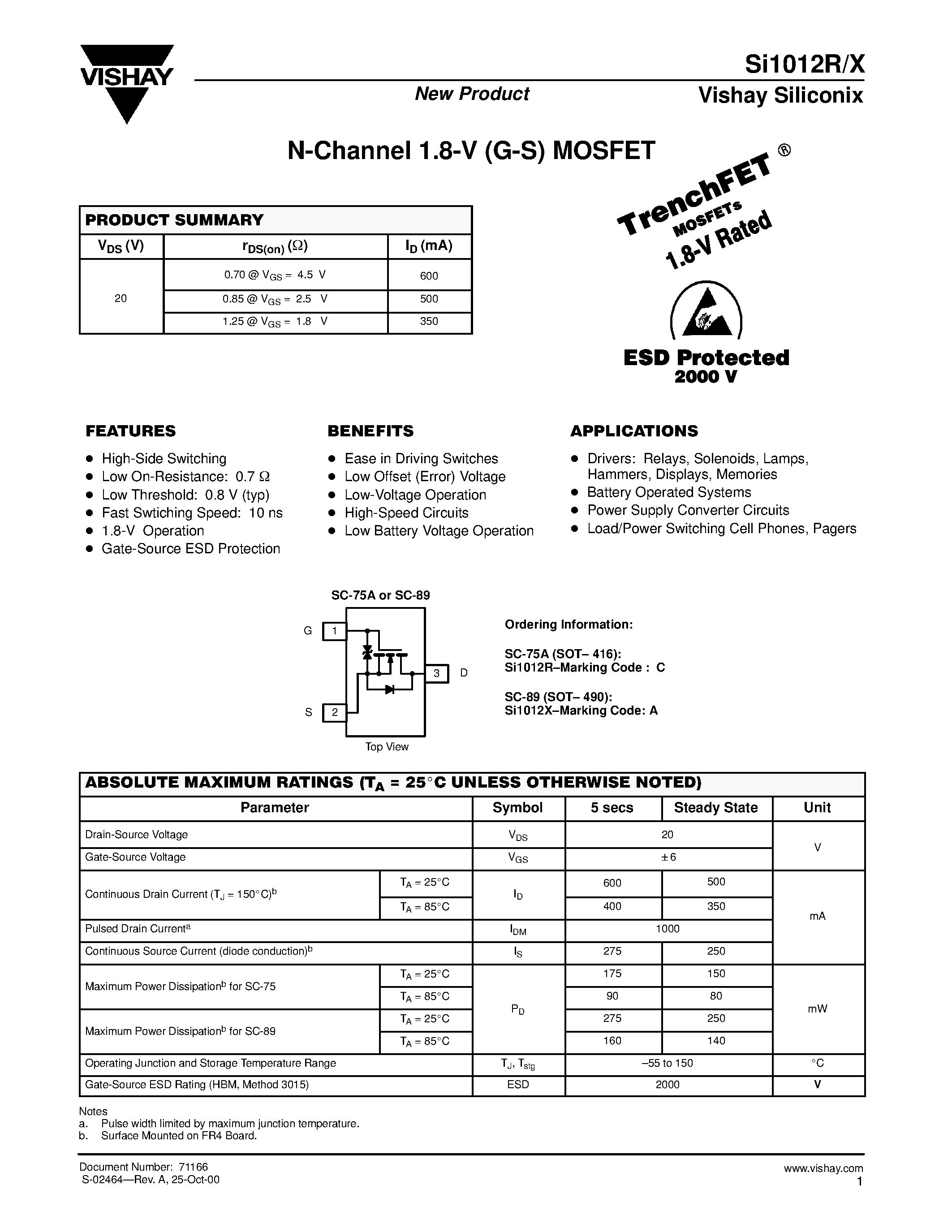 Даташит на микросхему SI1012R страница 1 Даташит SI1012R - N-Channel 1.8-V (G-S) MOSFET страница 1