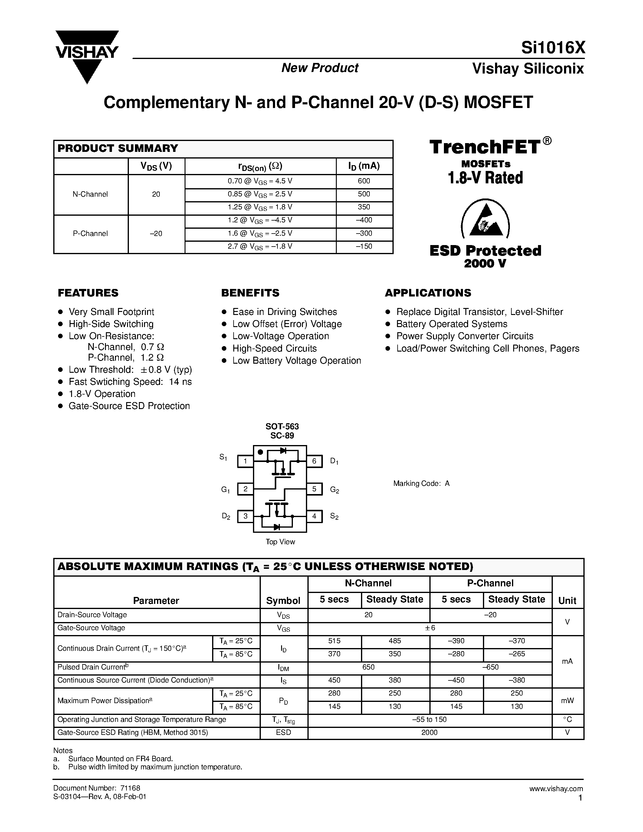 Datasheet SI1016X page 1 Datasheet SI1016X - Complementary N and P-Channel 20-V (D-S) MOSFET page 1