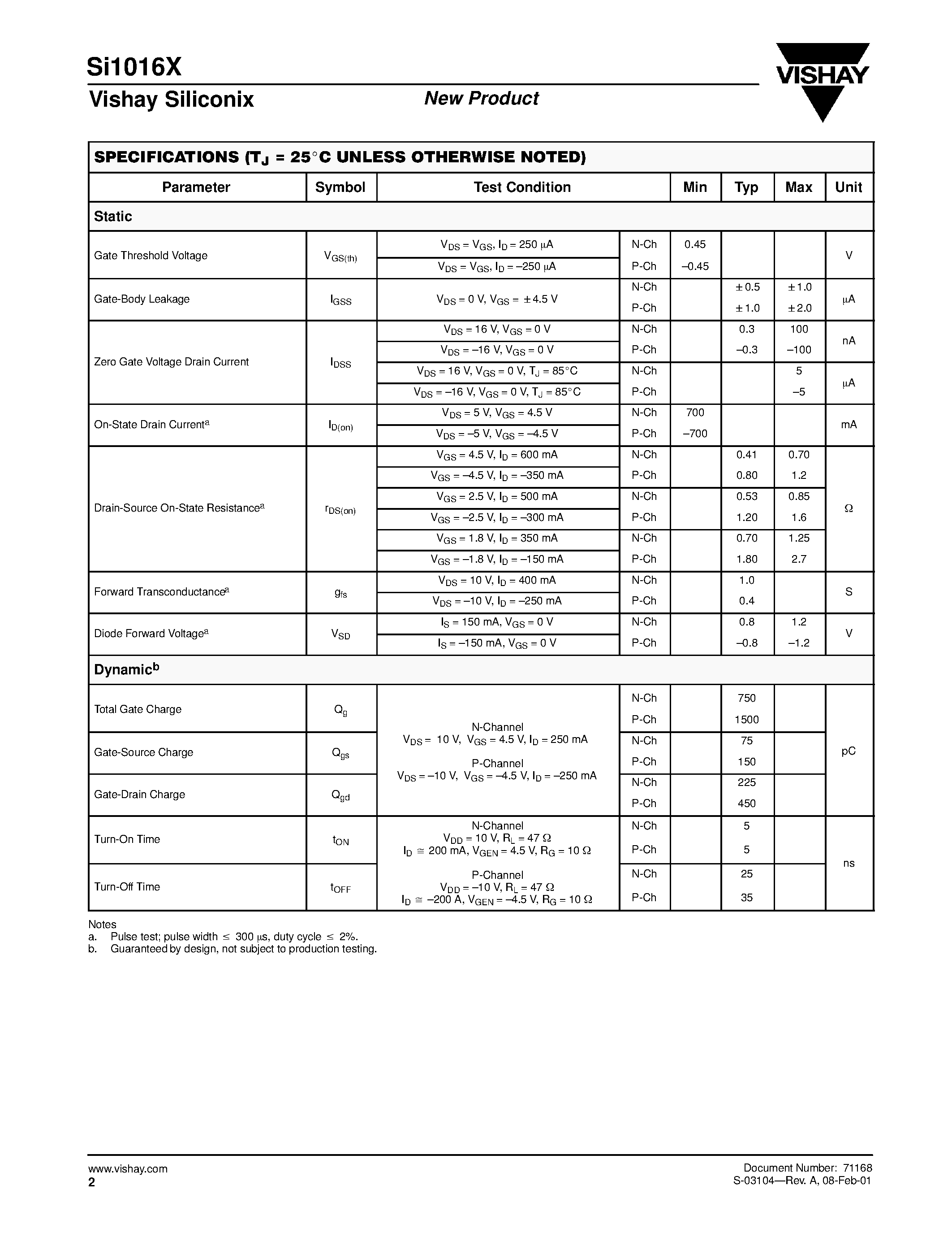 Datasheet SI1016X page 2 Datasheet SI1016X - Complementary N and P-Channel 20-V (D-S) MOSFET page 2