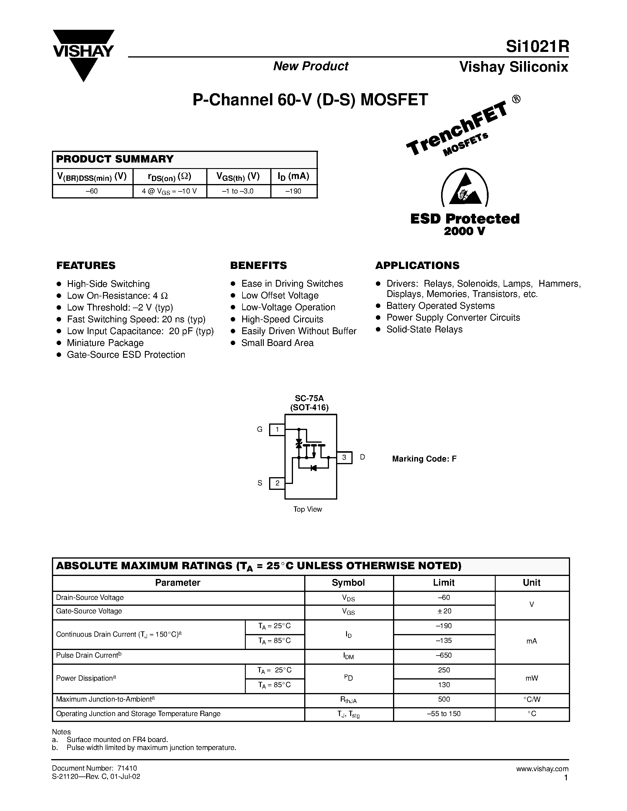 Даташит на микросхему SI1021R страница 1 Даташит SI1021R - P-Channel 60-V (D-S) MOSFET страница 1