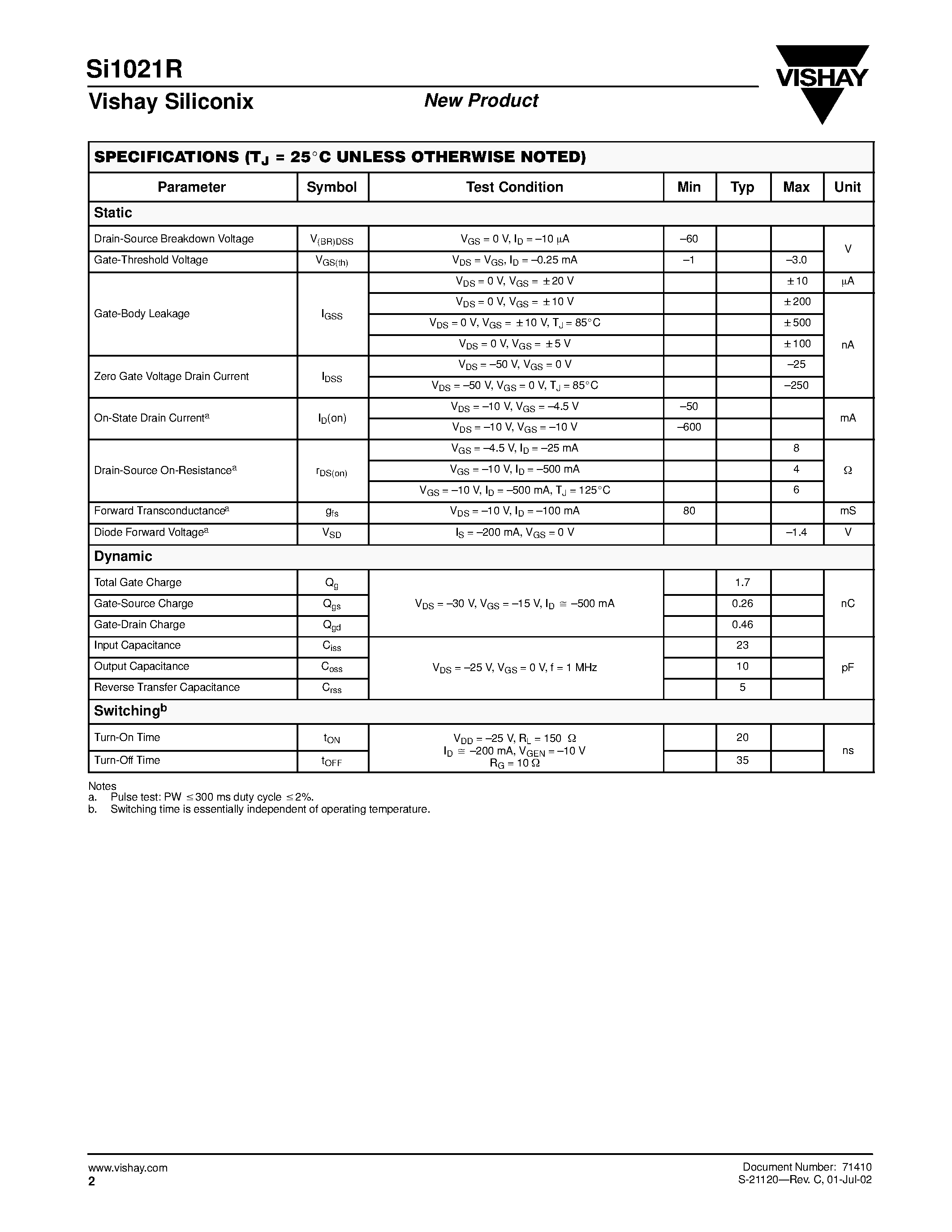 Даташит на микросхему SI1021R страница 2 Даташит SI1021R - P-Channel 60-V (D-S) MOSFET страница 2