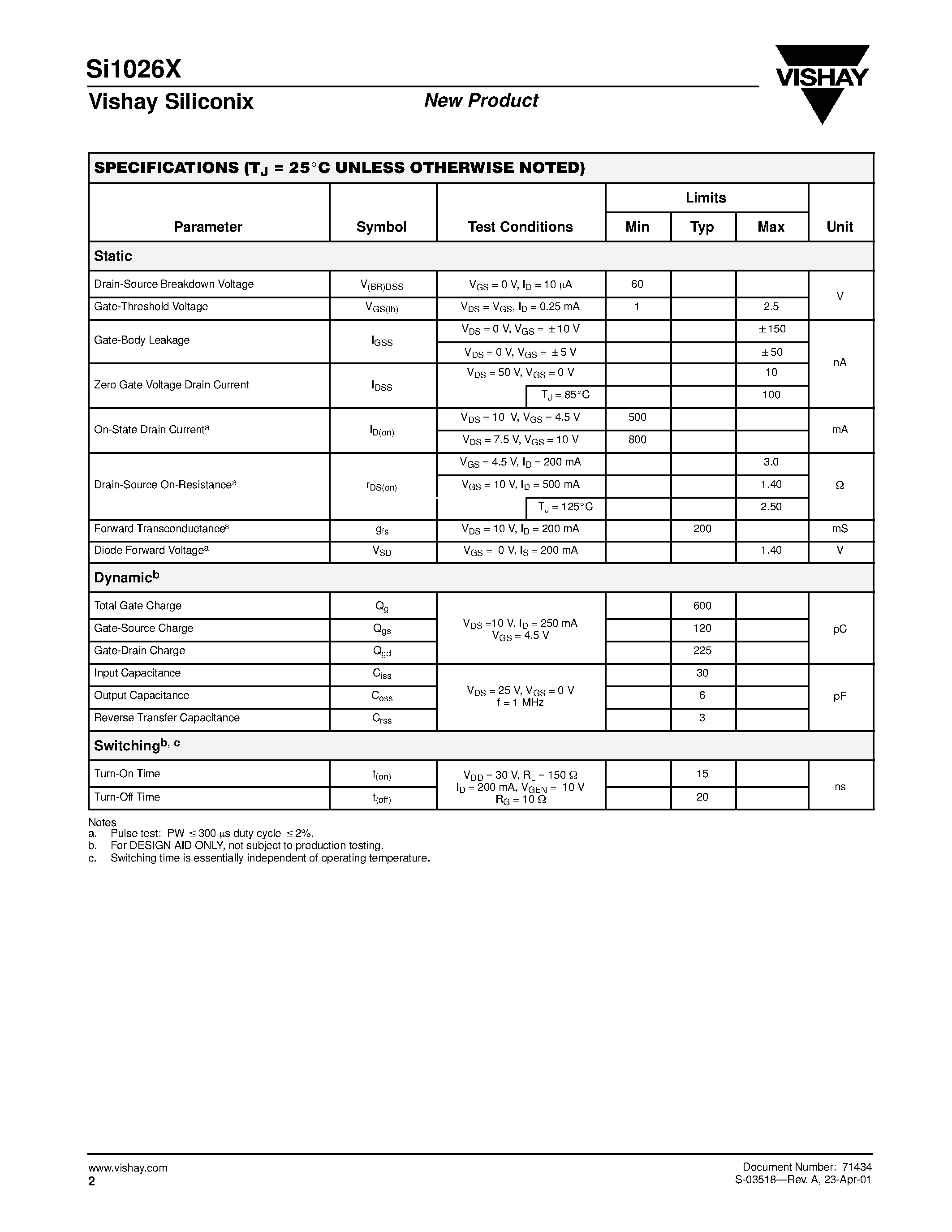 Datasheet SI1026X page 2 Datasheet SI1026X - N-Channel 60-V (D-S) MOSFET page 2