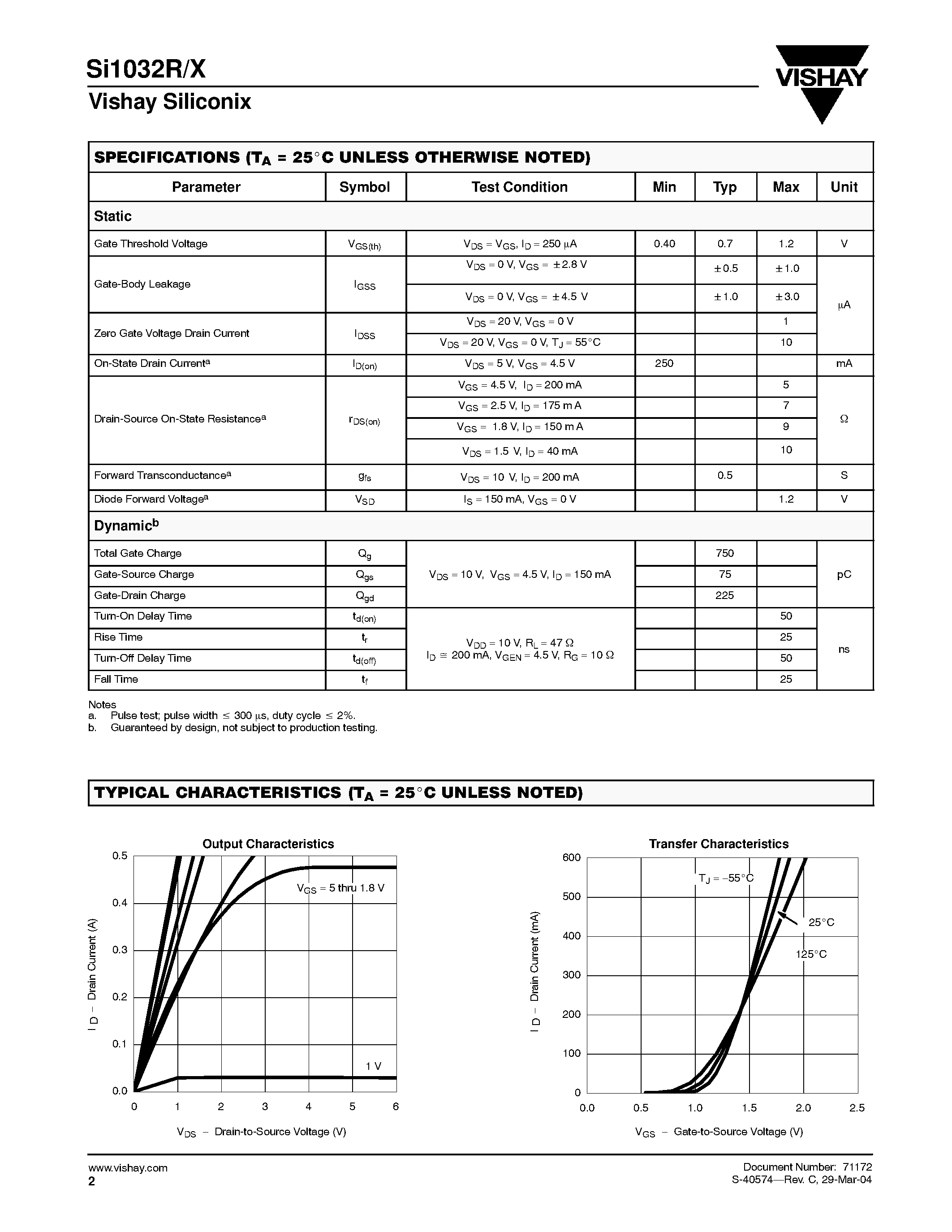 Datasheet SI1032X-T1 page 2 Datasheet SI1032X-T1 - N-Channel 20-V (D-S) MOSFET page 2