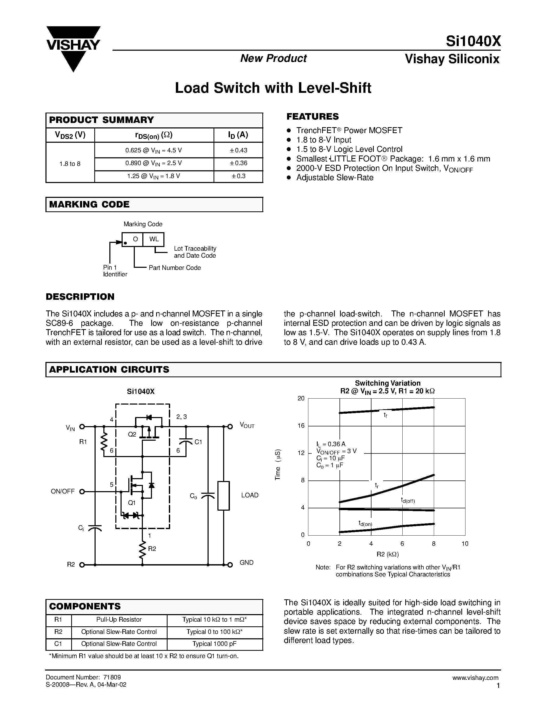 Даташит SI1040X - Load Switch with Level-Shift страница 1