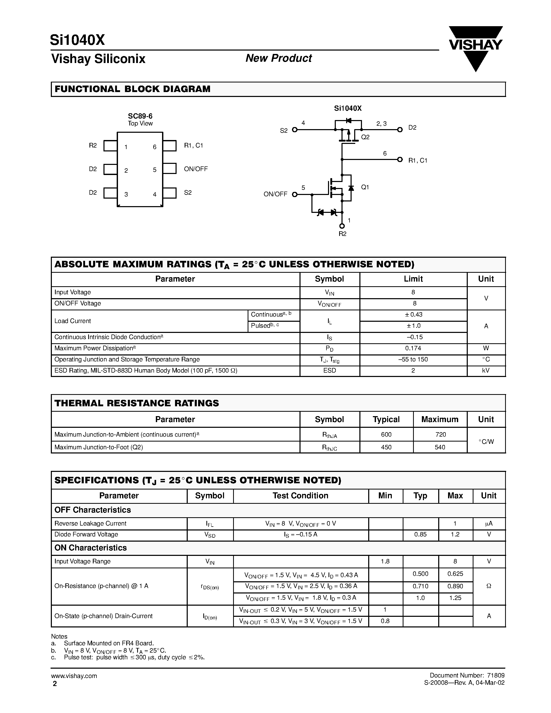 Datasheet SI1040X - Load Switch with Level-Shift page 2