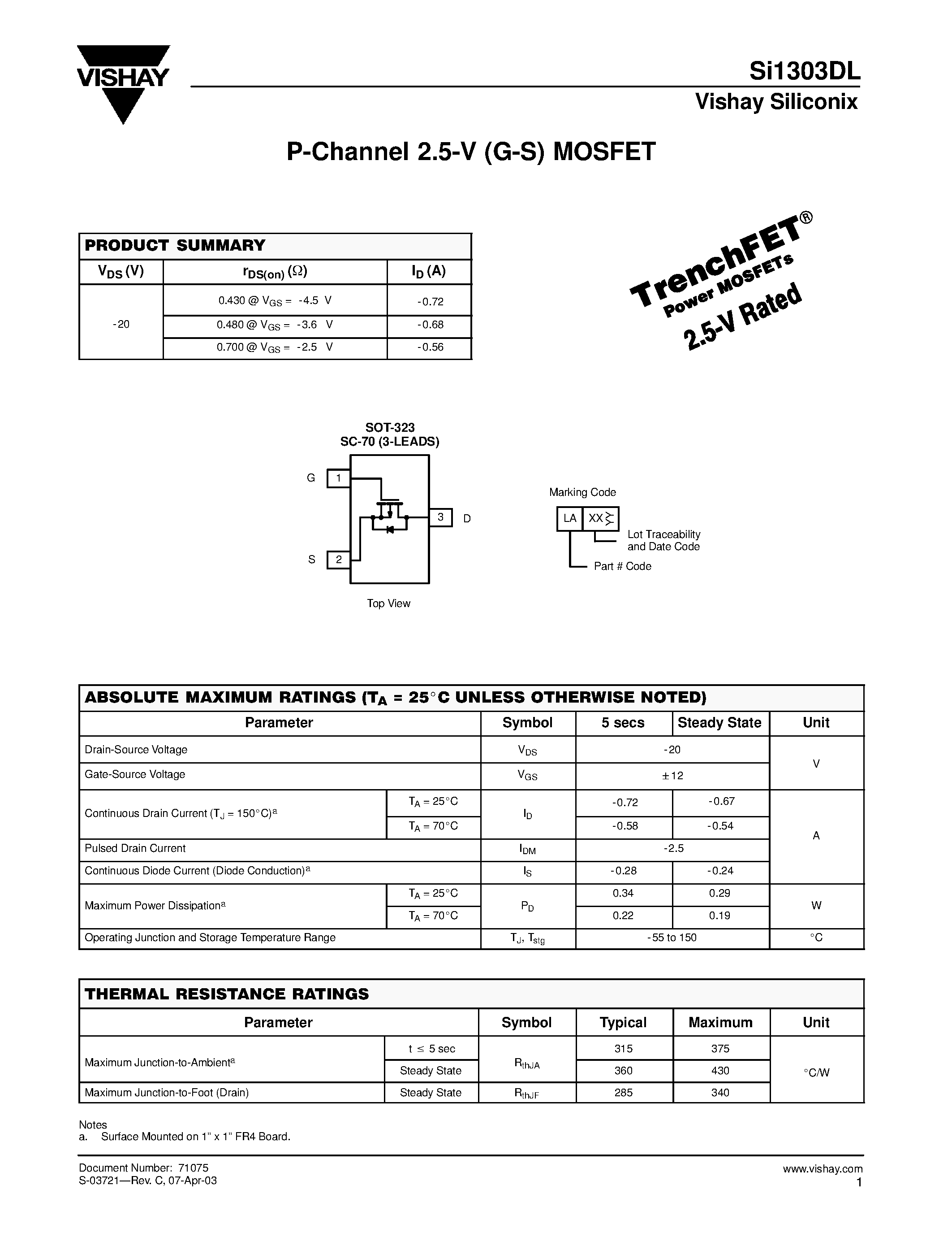Datasheet SI1303DL page 1 Datasheet SI1303DL - P-Channel 2.5-V (G-S) MOSFET page 1