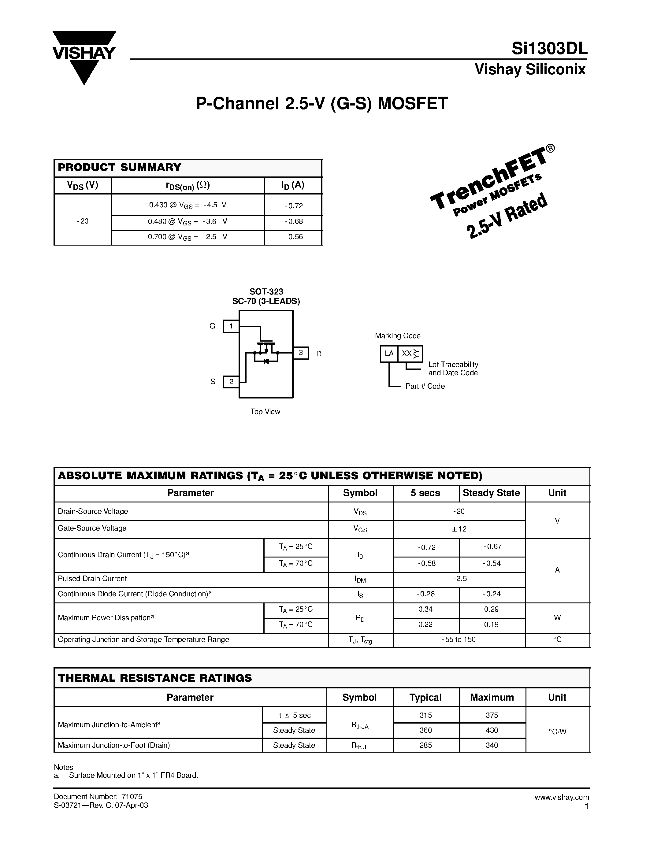 Datasheet SI1303DL - P-Channel 2.5-V (G-S) MOSFET page 1