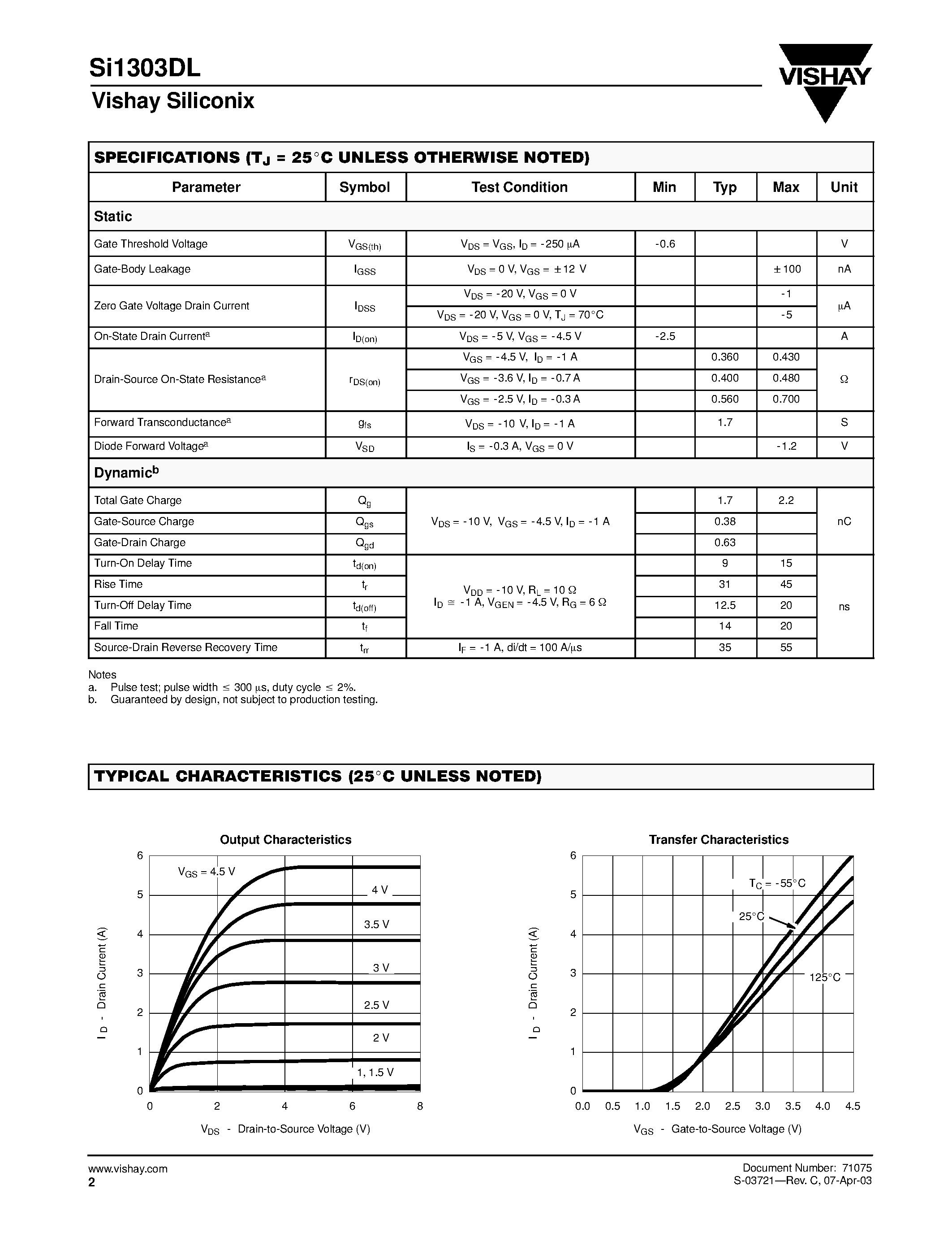 Datasheet SI1303DL - P-Channel 2.5-V (G-S) MOSFET page 2