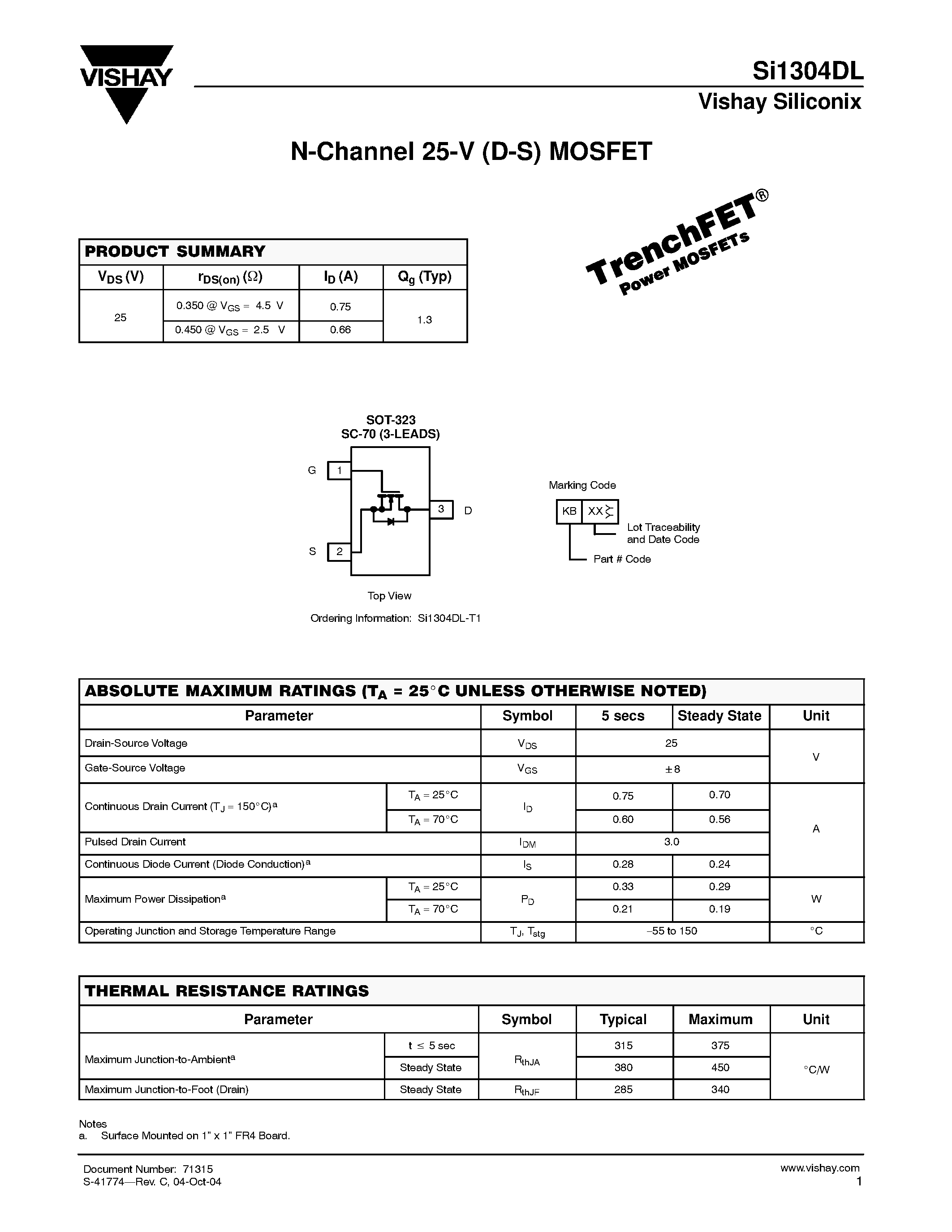 Даташит на микросхему Si1304DL-T1 страница 1 Даташит Si1304DL-T1 - N-Channel 25-V (D-S) MOSFET страница 1