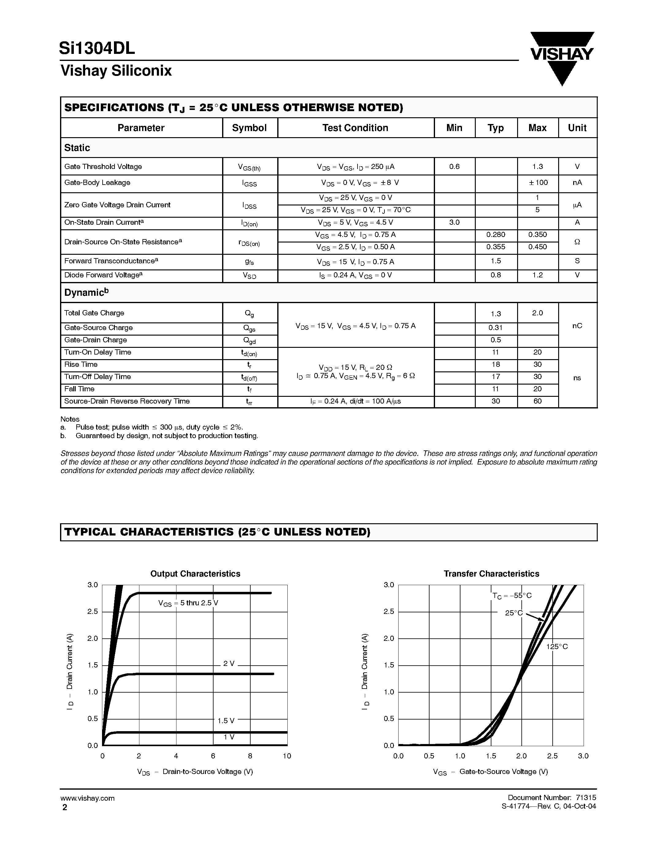 Даташит на микросхему Si1304DL-T1 страница 2 Даташит Si1304DL-T1 - N-Channel 25-V (D-S) MOSFET страница 2