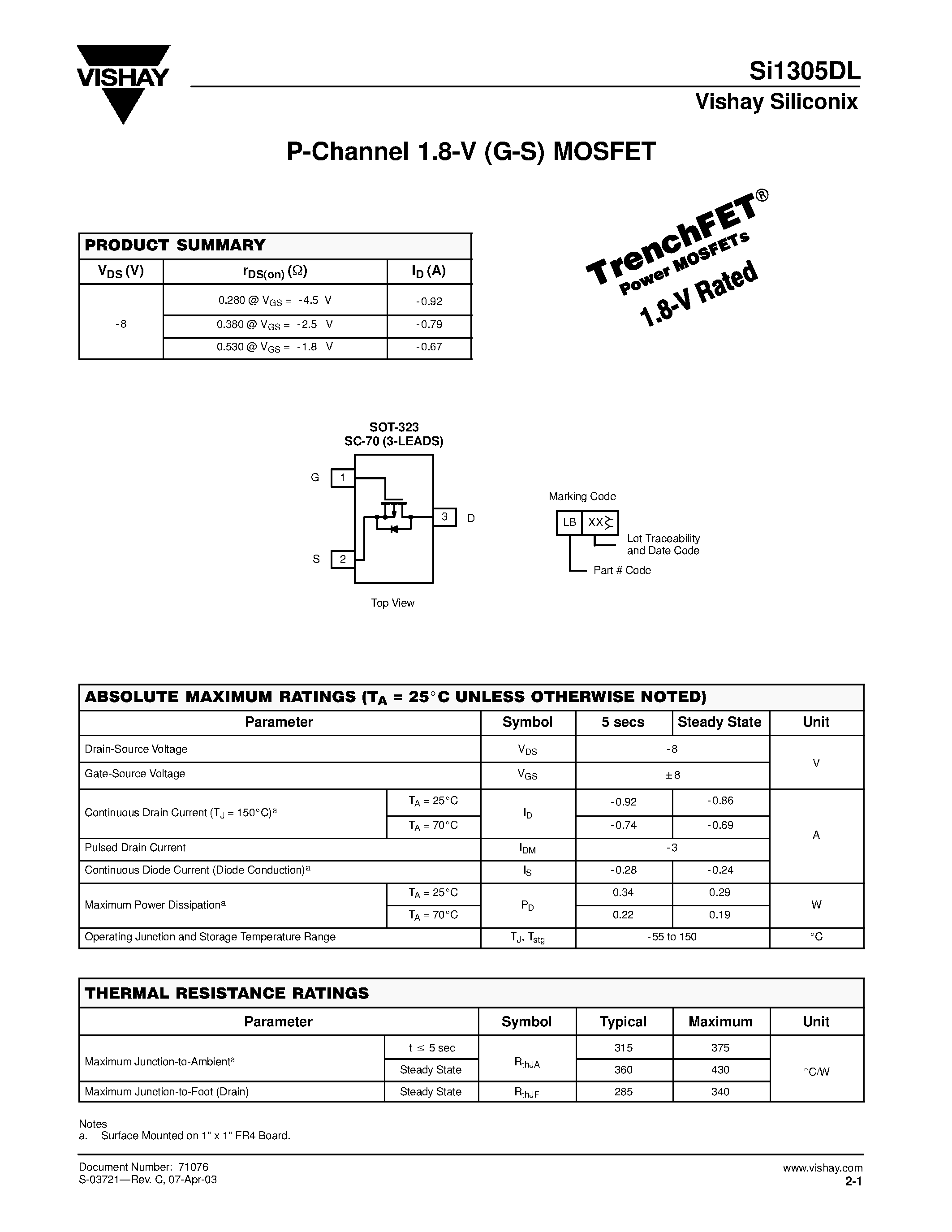 Datasheet SI1305DL - P-Channel 1.8-V (G-S) MOSFET page 1