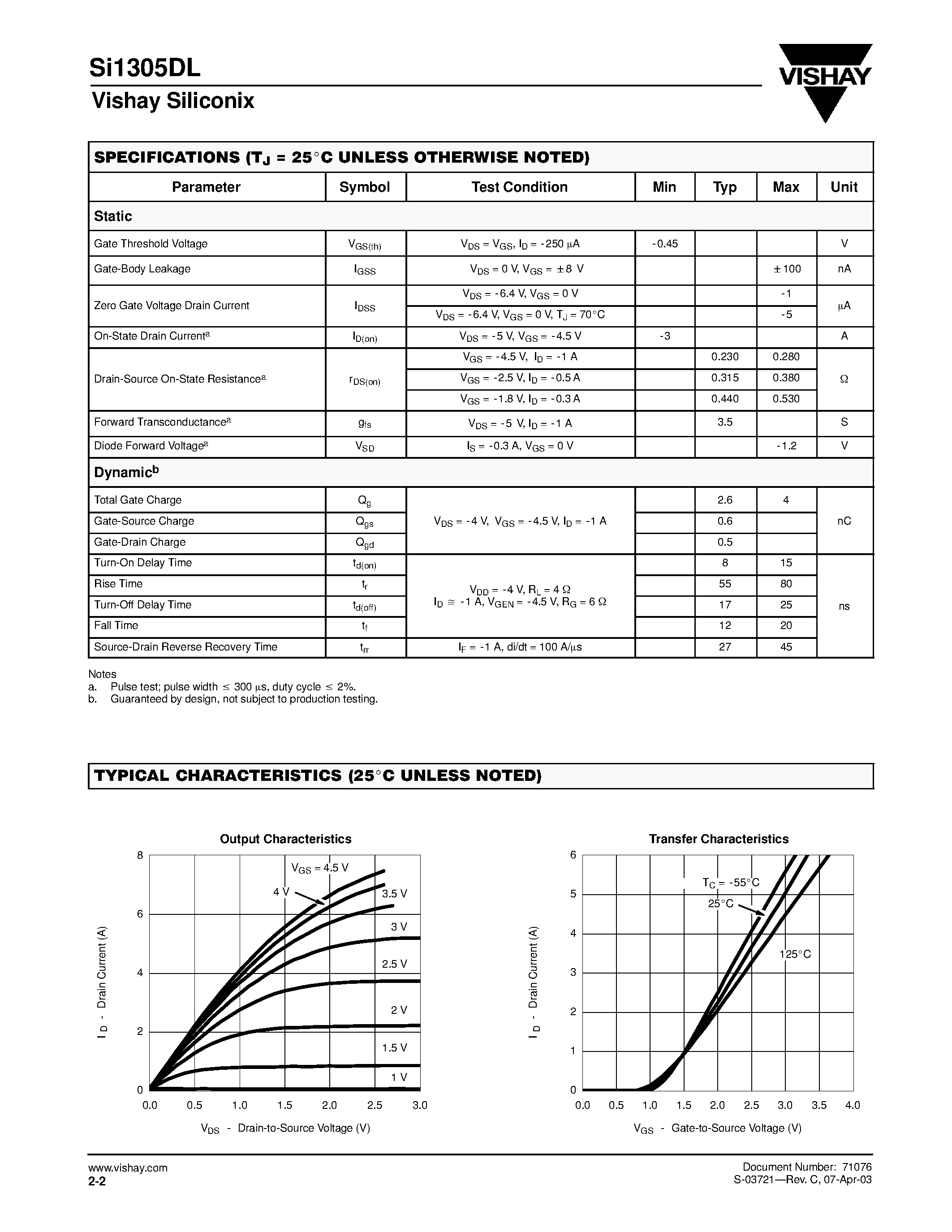 Datasheet SI1305DL page 2 Datasheet SI1305DL - P-Channel 1.8-V (G-S) MOSFET page 2
