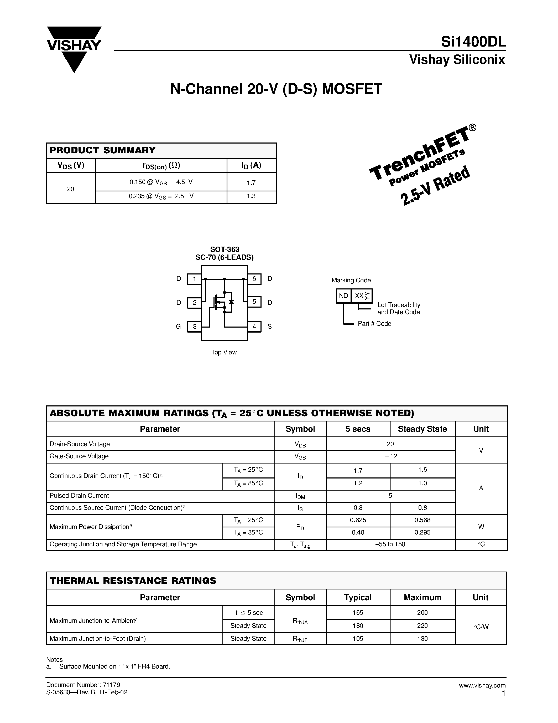 Datasheet SI1400DL page 1 Datasheet SI1400DL - N-Channel 20-V (D-S) MOSFET page 1