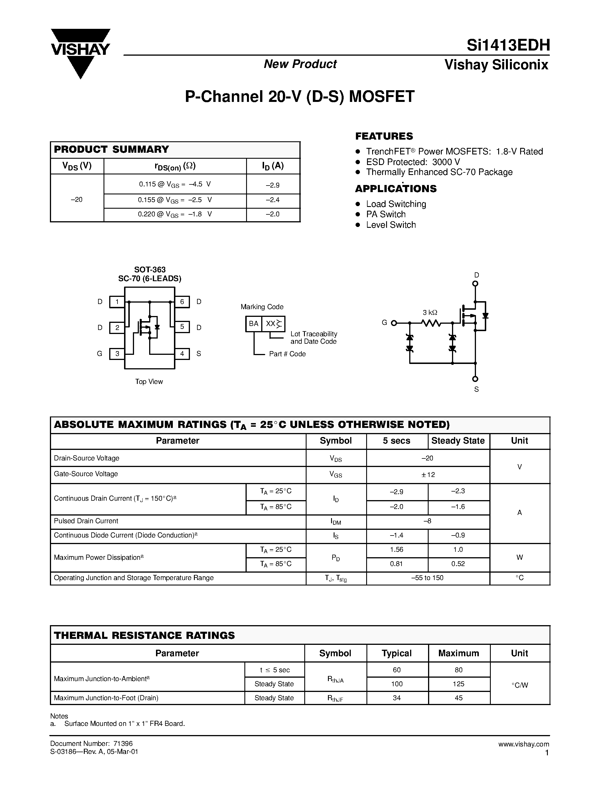 Datasheet SI1413EDH - P-Channel 20-V (D-S) MOSFET page 1