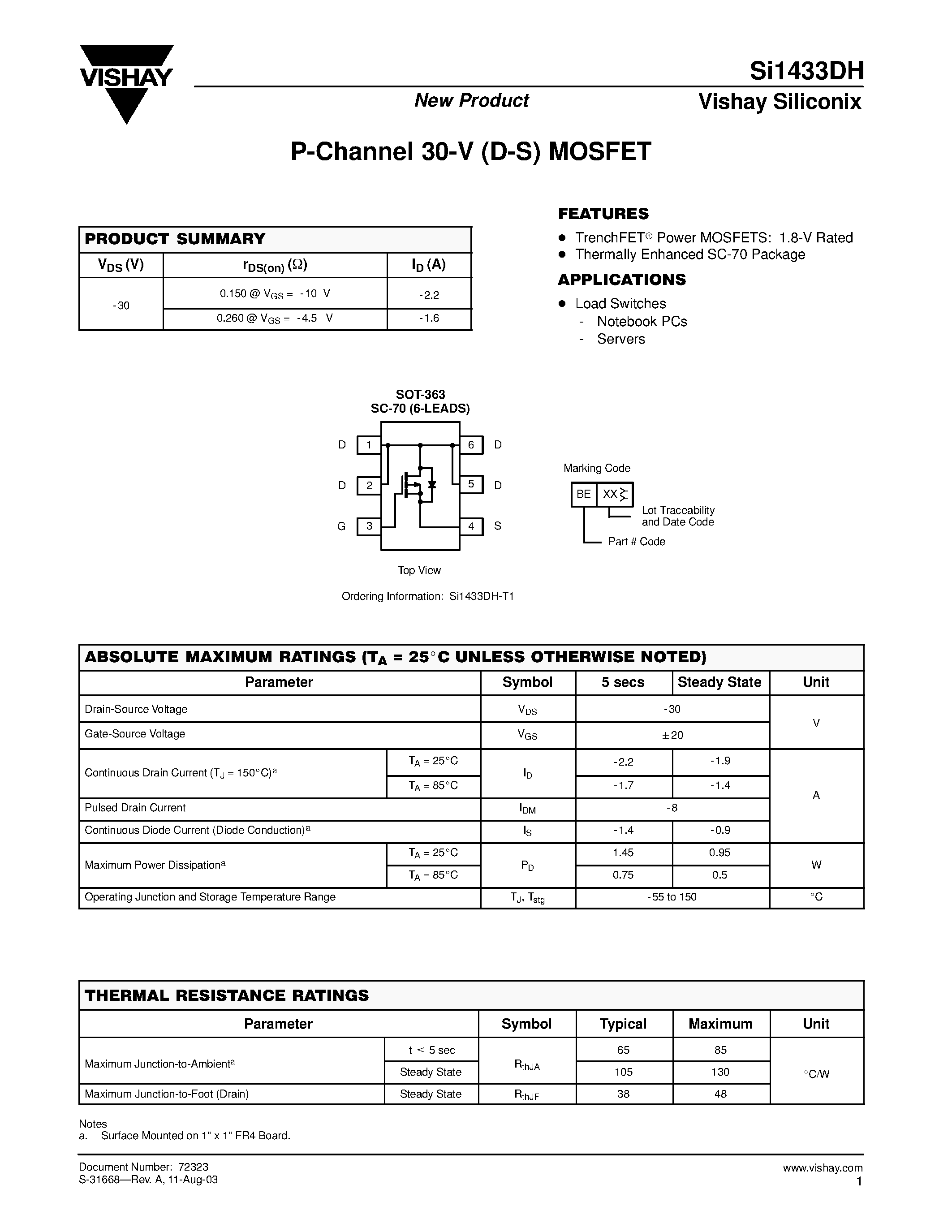 Даташит SI1433DH-T1 - P-Channel 30-V (D-S) MOSFET страница 1