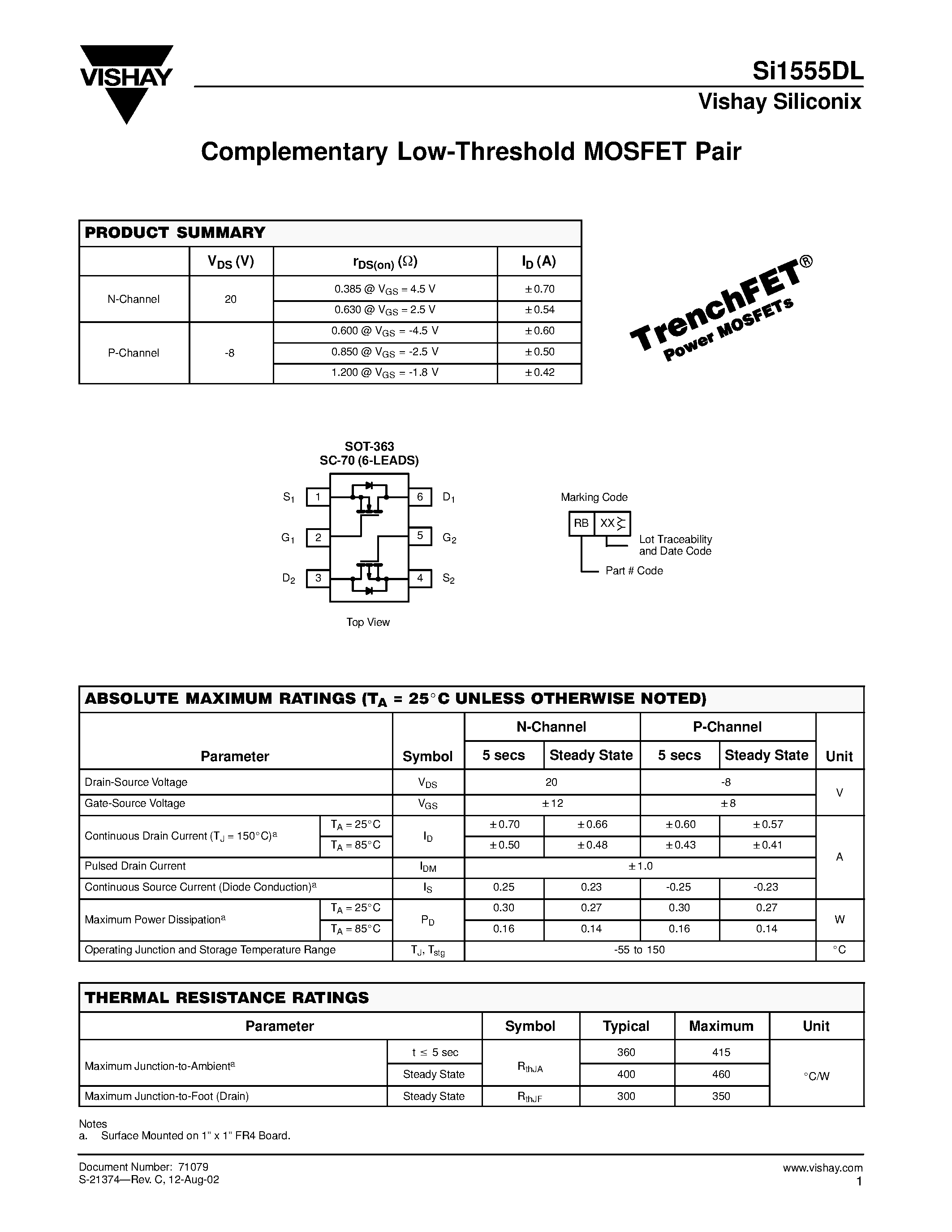 Даташит на микросхему SI1555DL страница 1 Даташит SI1555DL - Complementary Low-Threshold MOSFET Pair страница 1