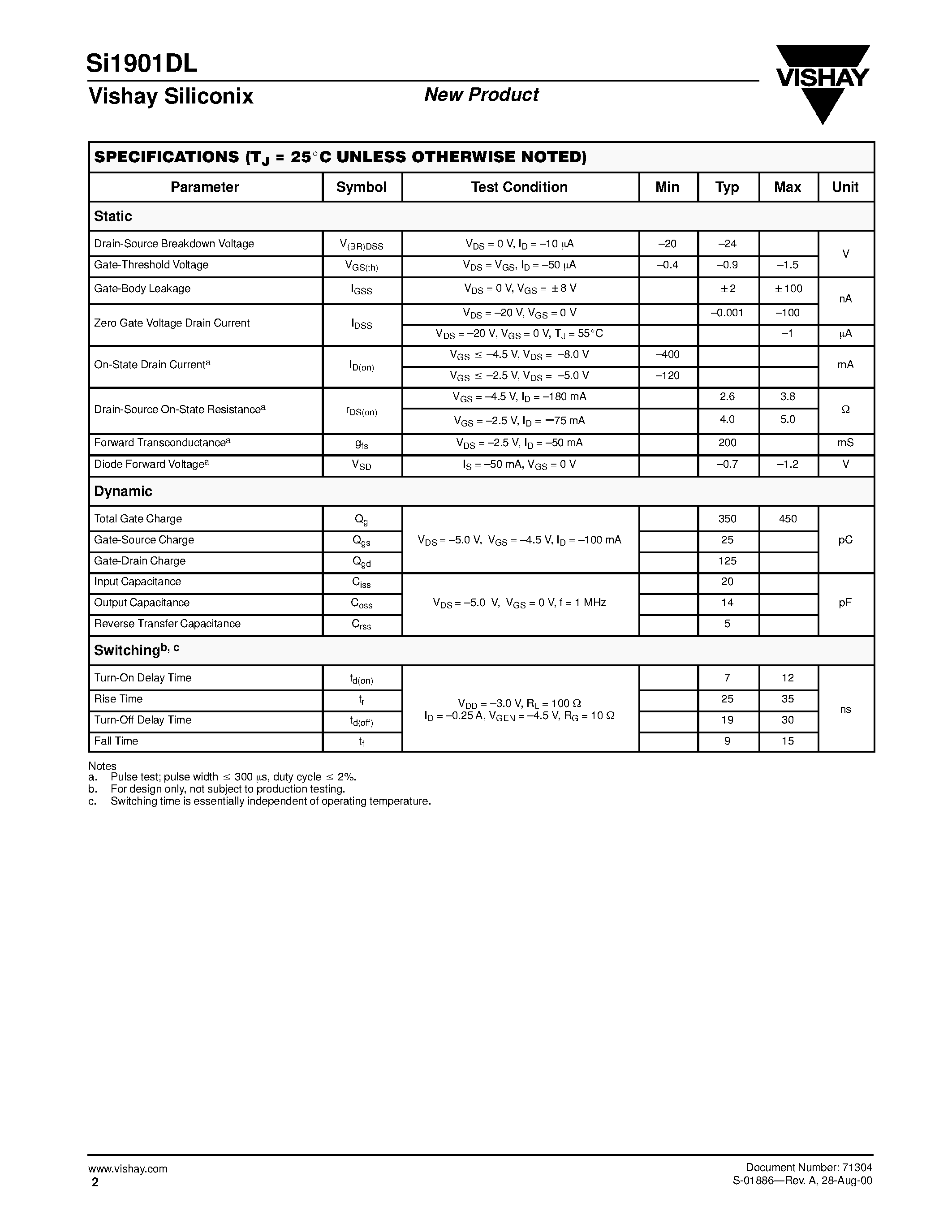 Даташит на микросхему SI1901DL страница 2 Даташит SI1901DL - P-Channel 20-V (D-S) MOSFET страница 2