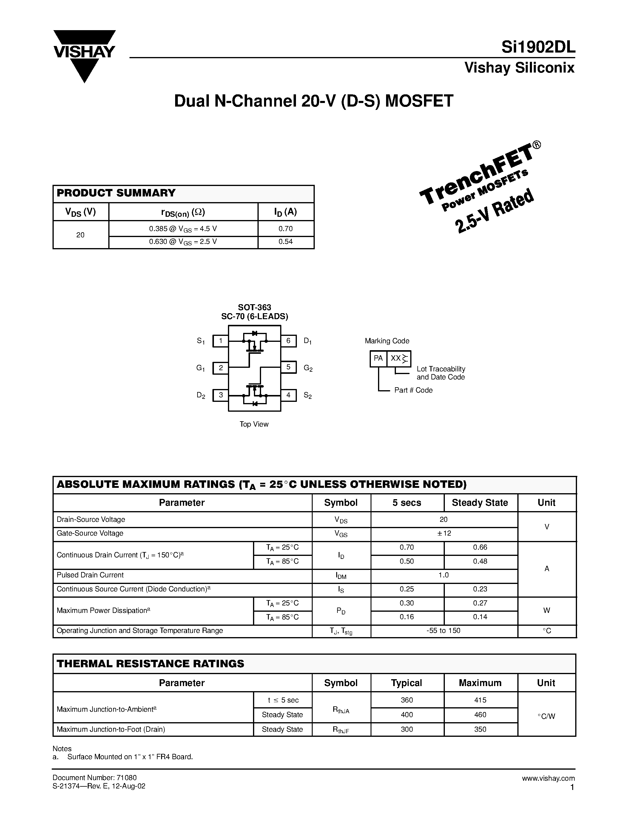 Даташит на микросхему SI1902DL страница 1 Даташит SI1902DL - Dual N-Channel 20-V (D-S) MOSFET страница 1