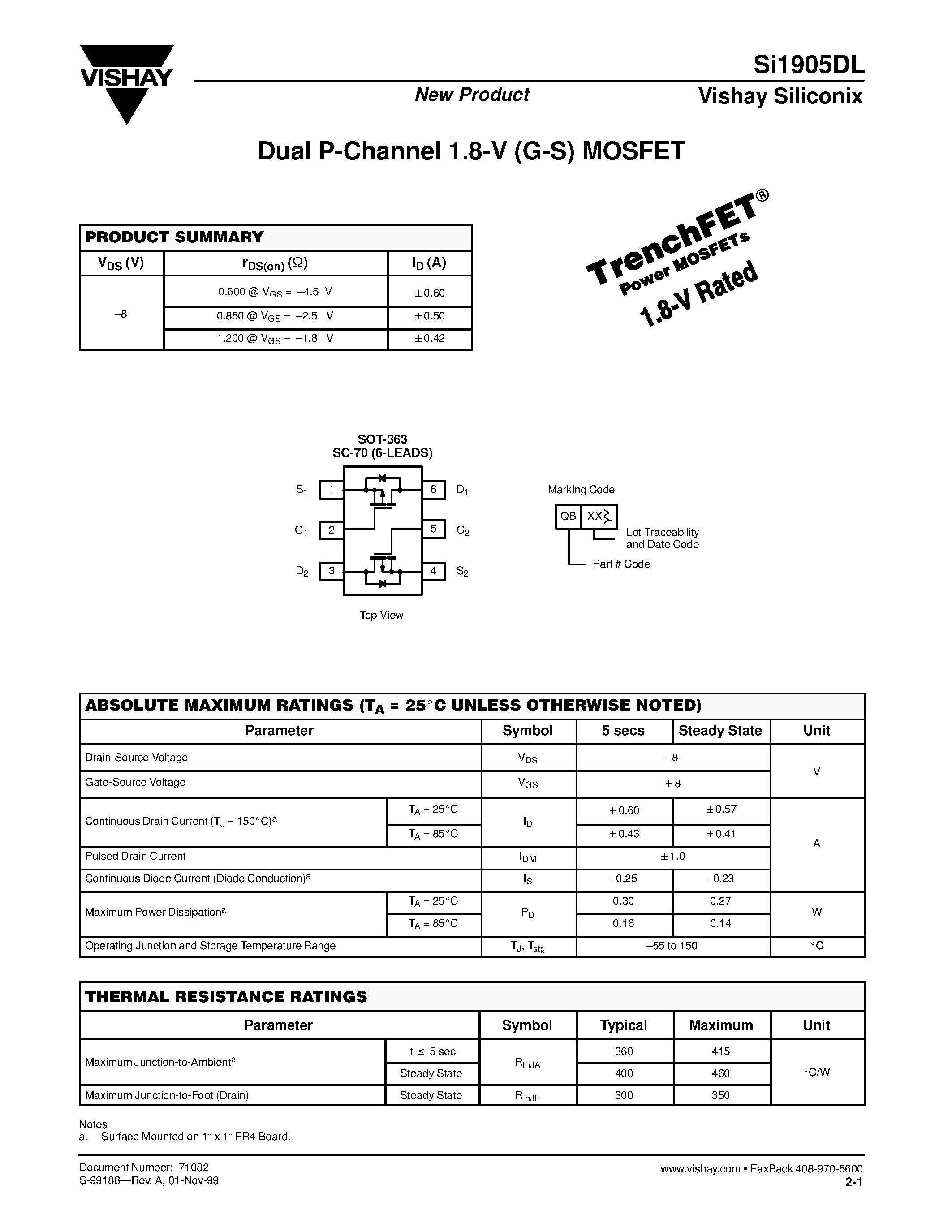 Даташит на микросхему SI1905DL страница 1 Даташит SI1905DL - Dual P-Channel 1.8-V (G-S) MOSFET страница 1
