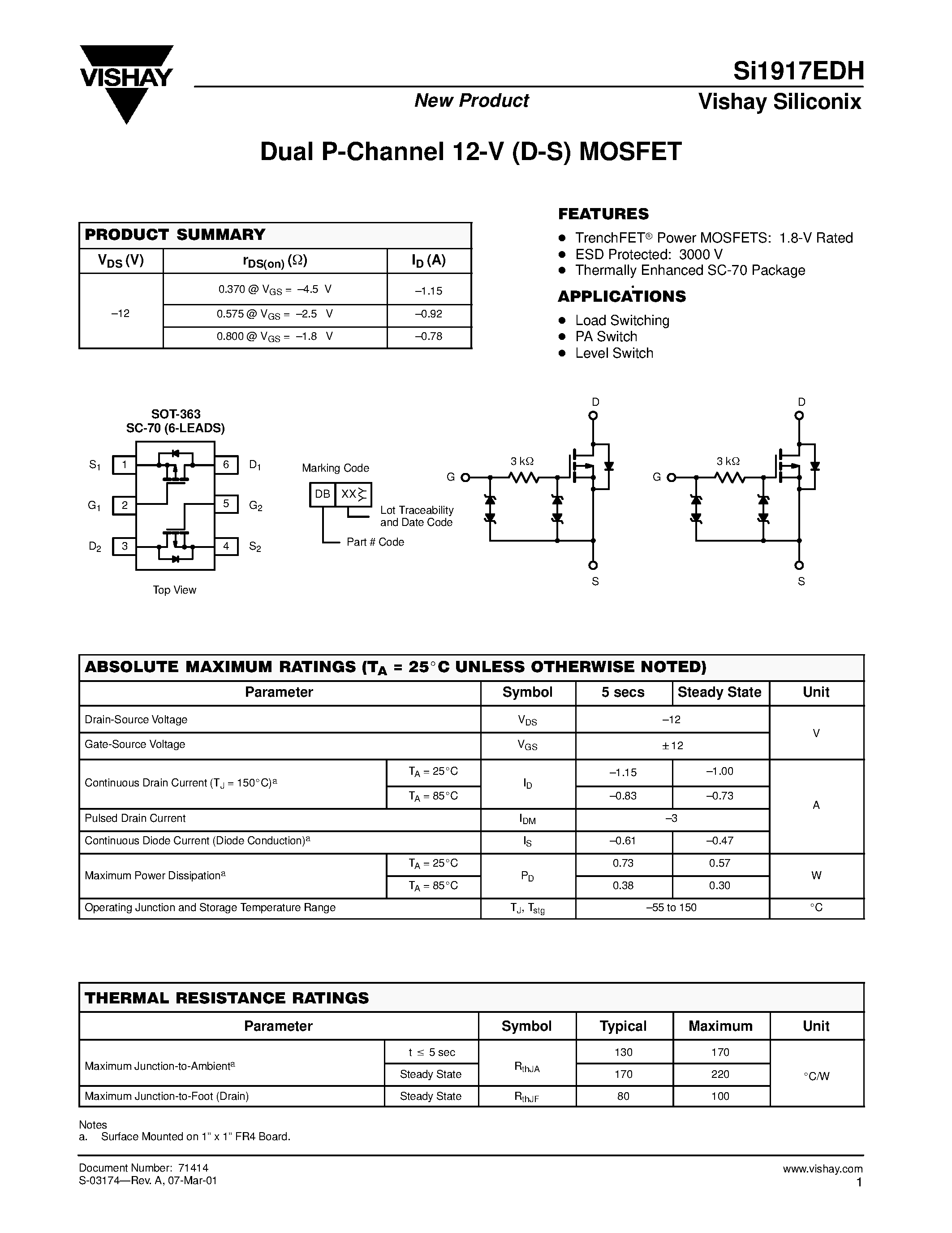 Даташит на микросхему SI1917EDH страница 1 Даташит SI1917EDH - Dual P-Channel 12-V (D-S) MOSFET страница 1