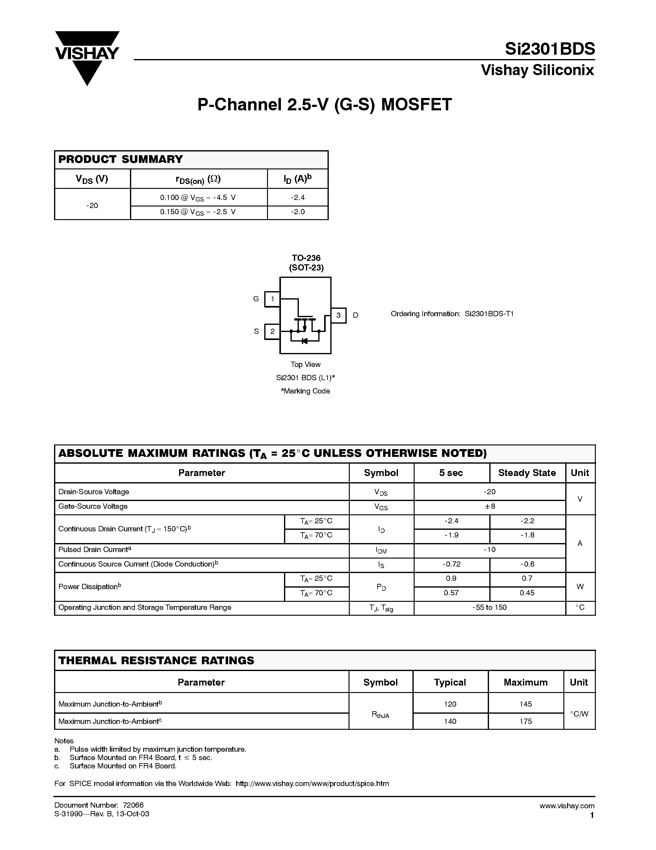 Даташит Si2301BD - P-Channel 2.5-V (G-S) MOSFET страница 1