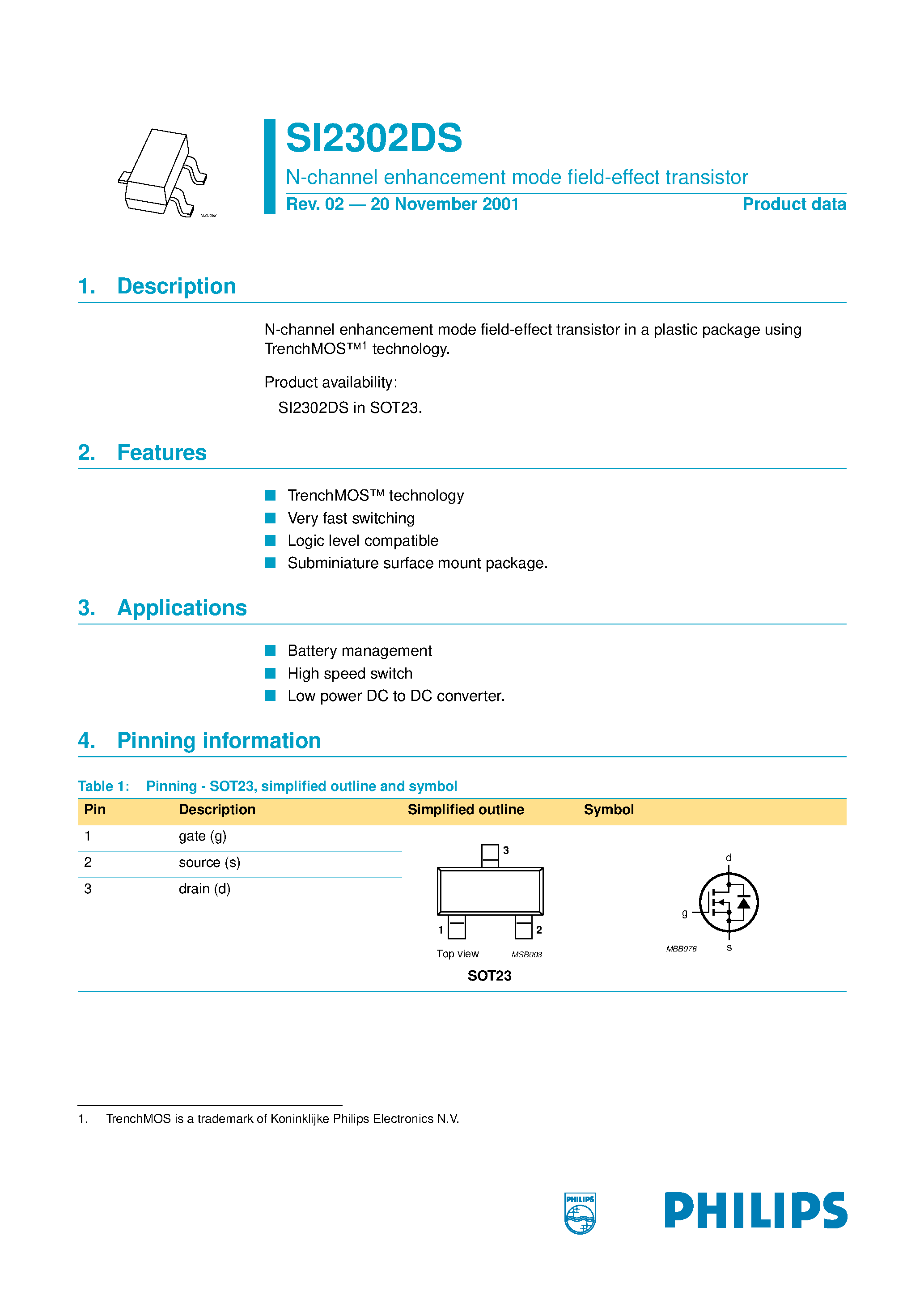 Даташит на микросхему SI2302DS страница 1 Даташит SI2302DS - N-channel enhancement mode field-effect transistor страница 1
