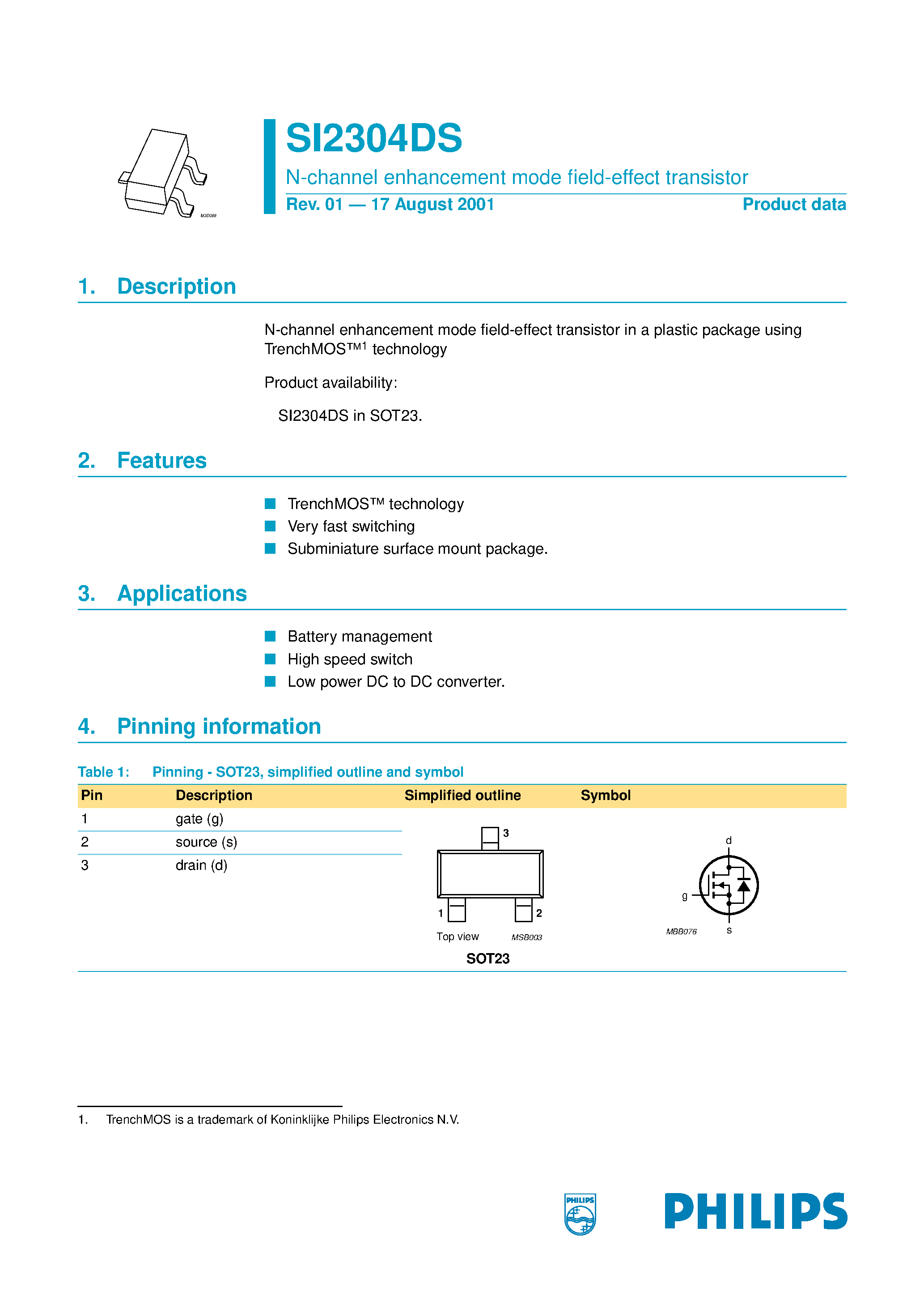 Datasheet SI2304 - N-channel enhancement mode field-effect transistor page 1
