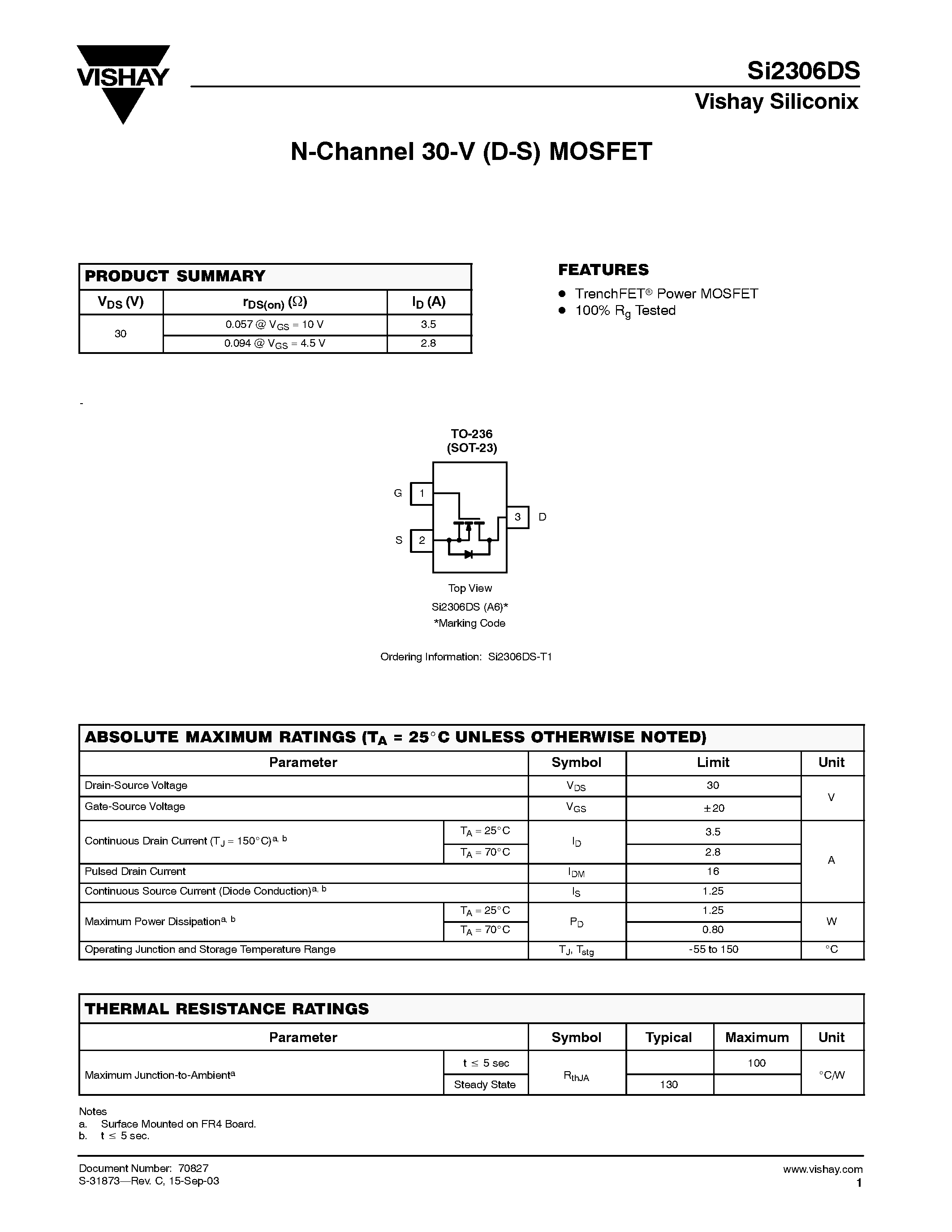 Даташит SI2306DS - N-Channel 30-V (D-S) MOSFET страница 1