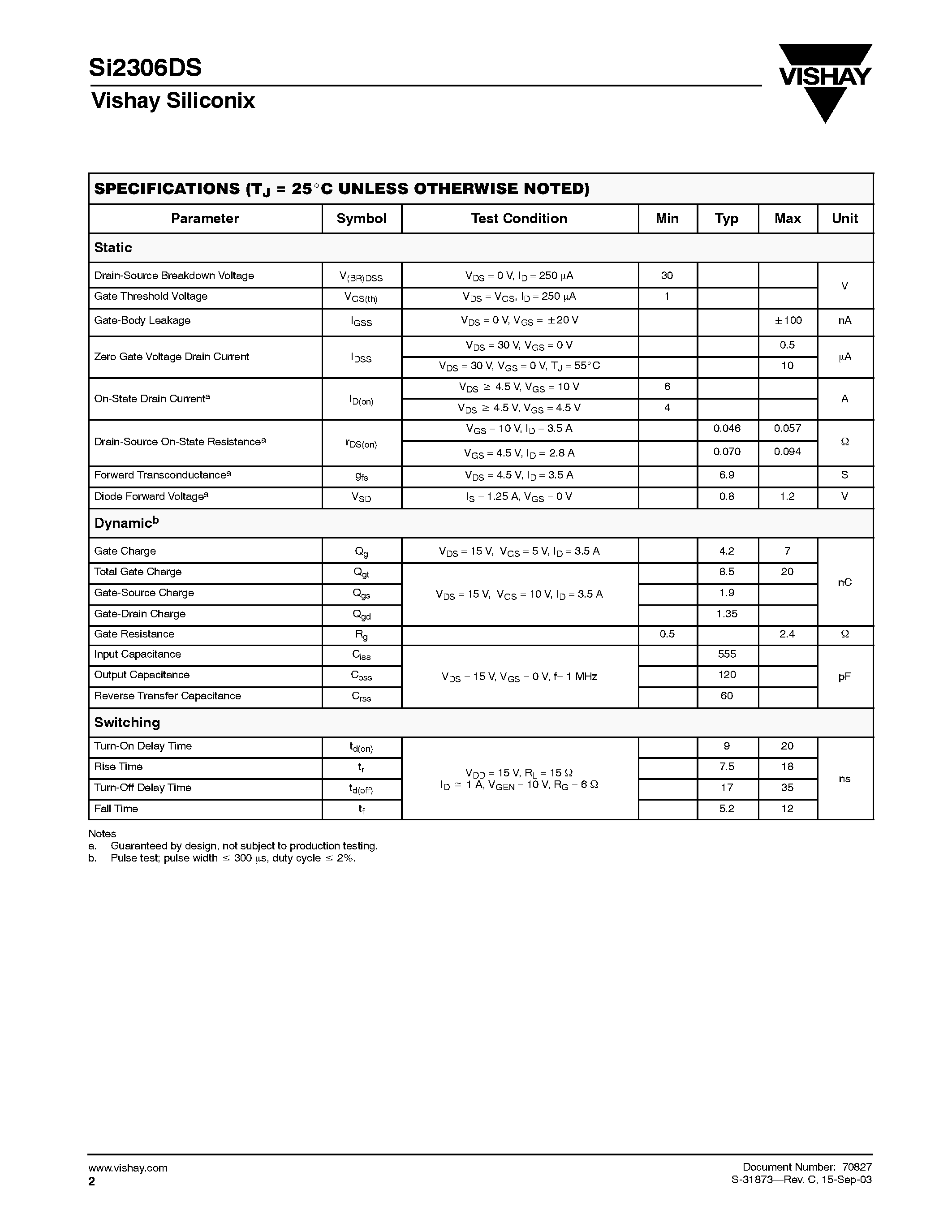Даташит SI2306DS-T1 - N-Channel 30-V (D-S) MOSFET страница 2