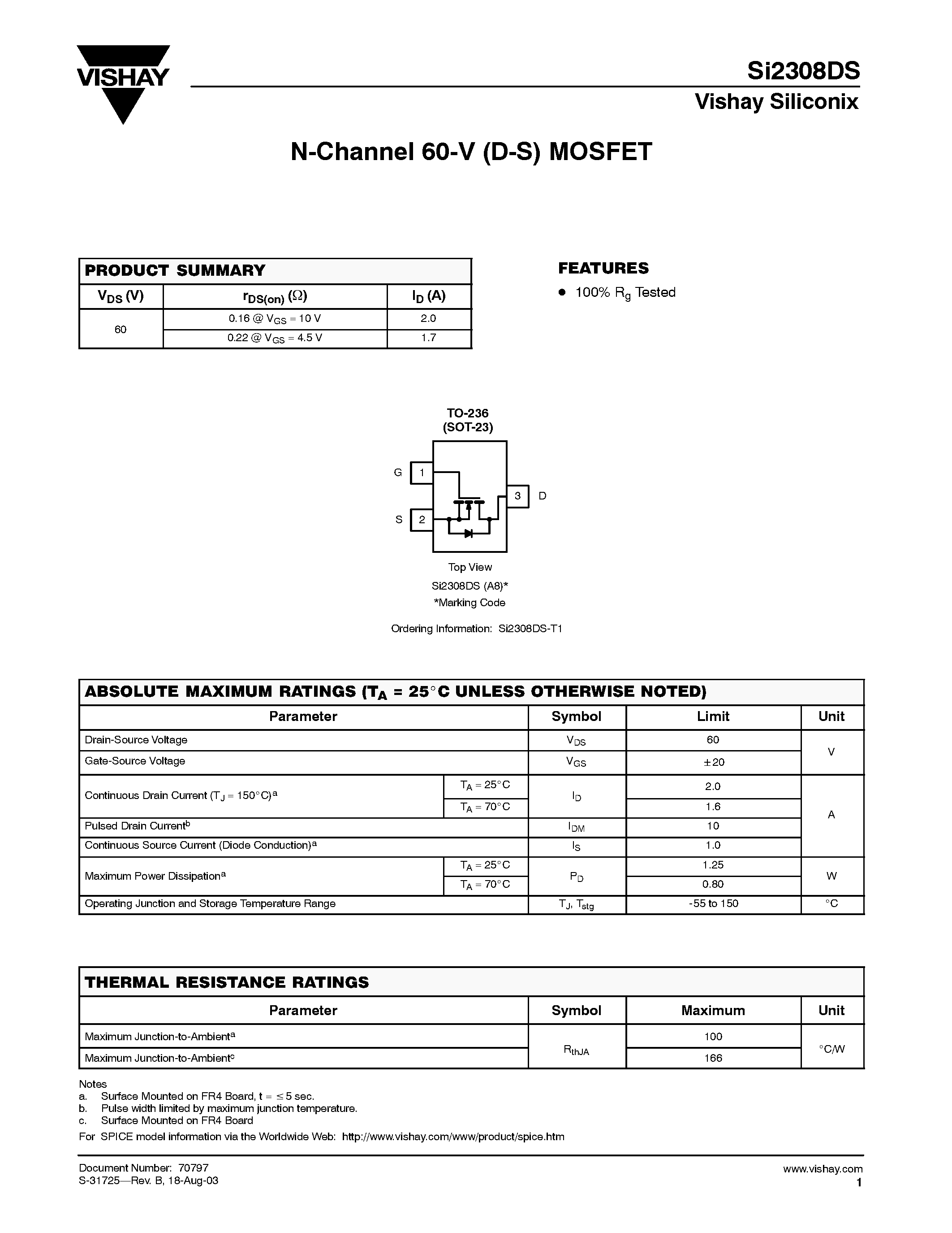 Datasheet SI2308DS - N-Channel 60-V (D-S) MOSFET page 1