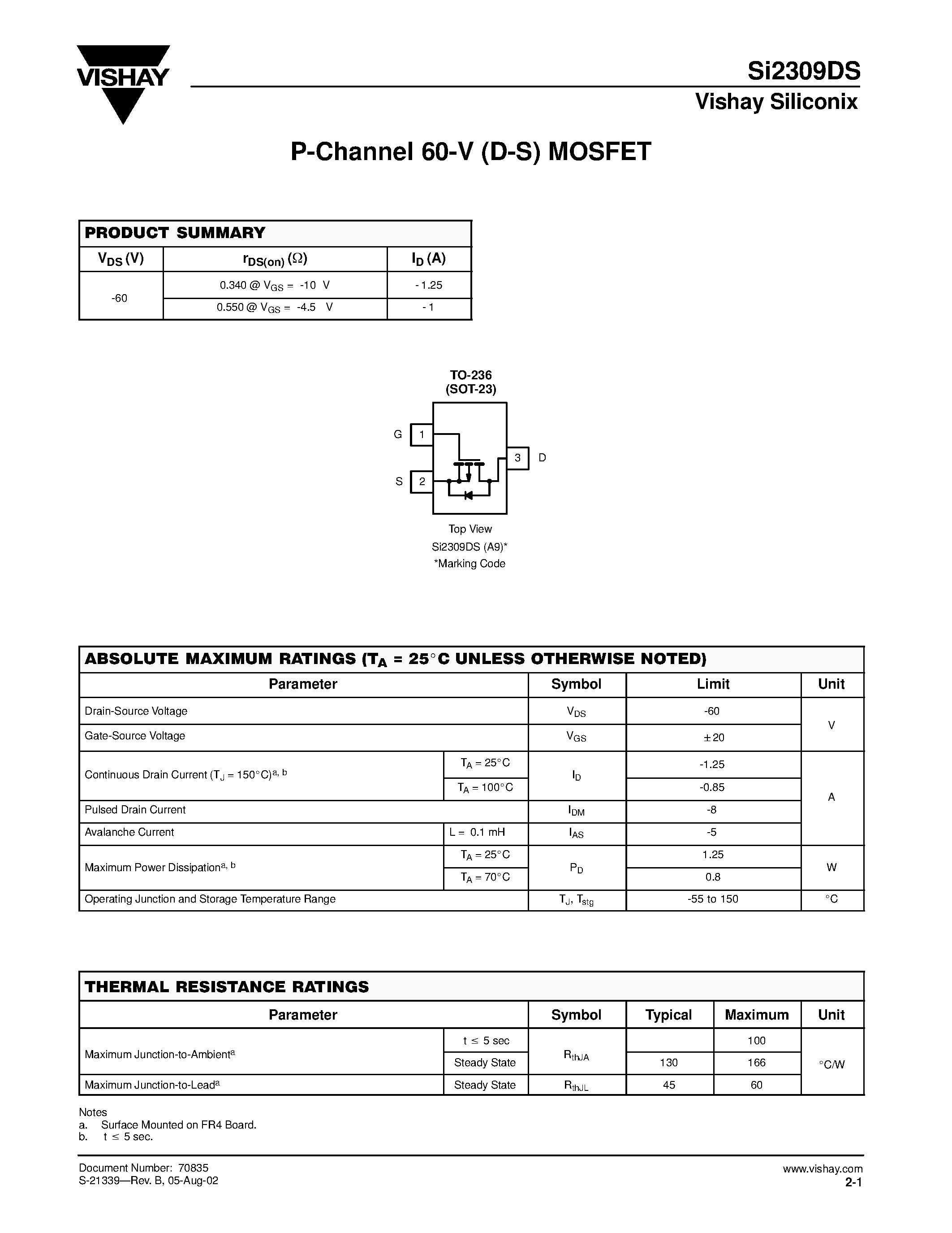 Datasheet SI2309DS - P-Channel 60-V (D-S) MOSFET page 1