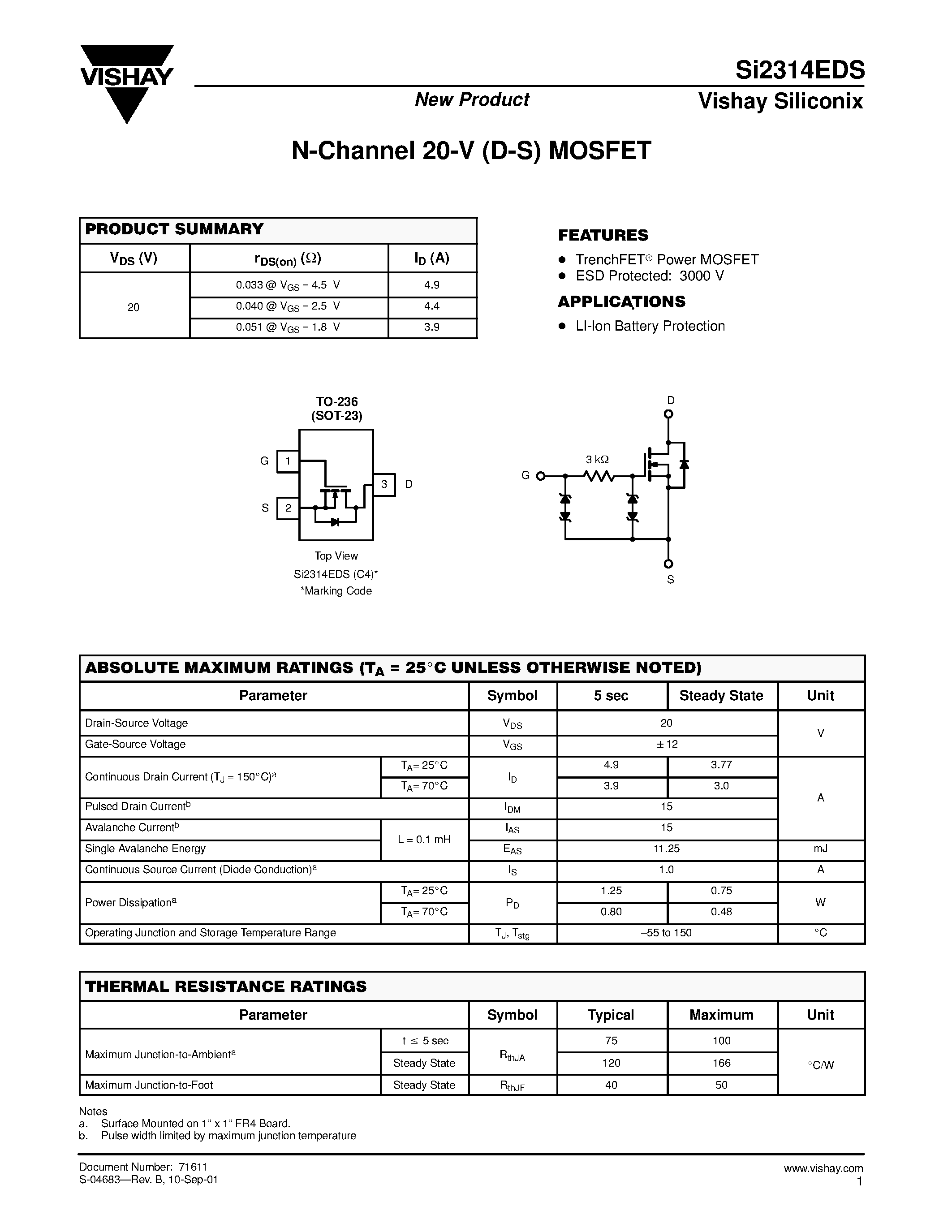 Даташит SI2314EDS - N-Channel 20-V (D-S) MOSFET страница 1