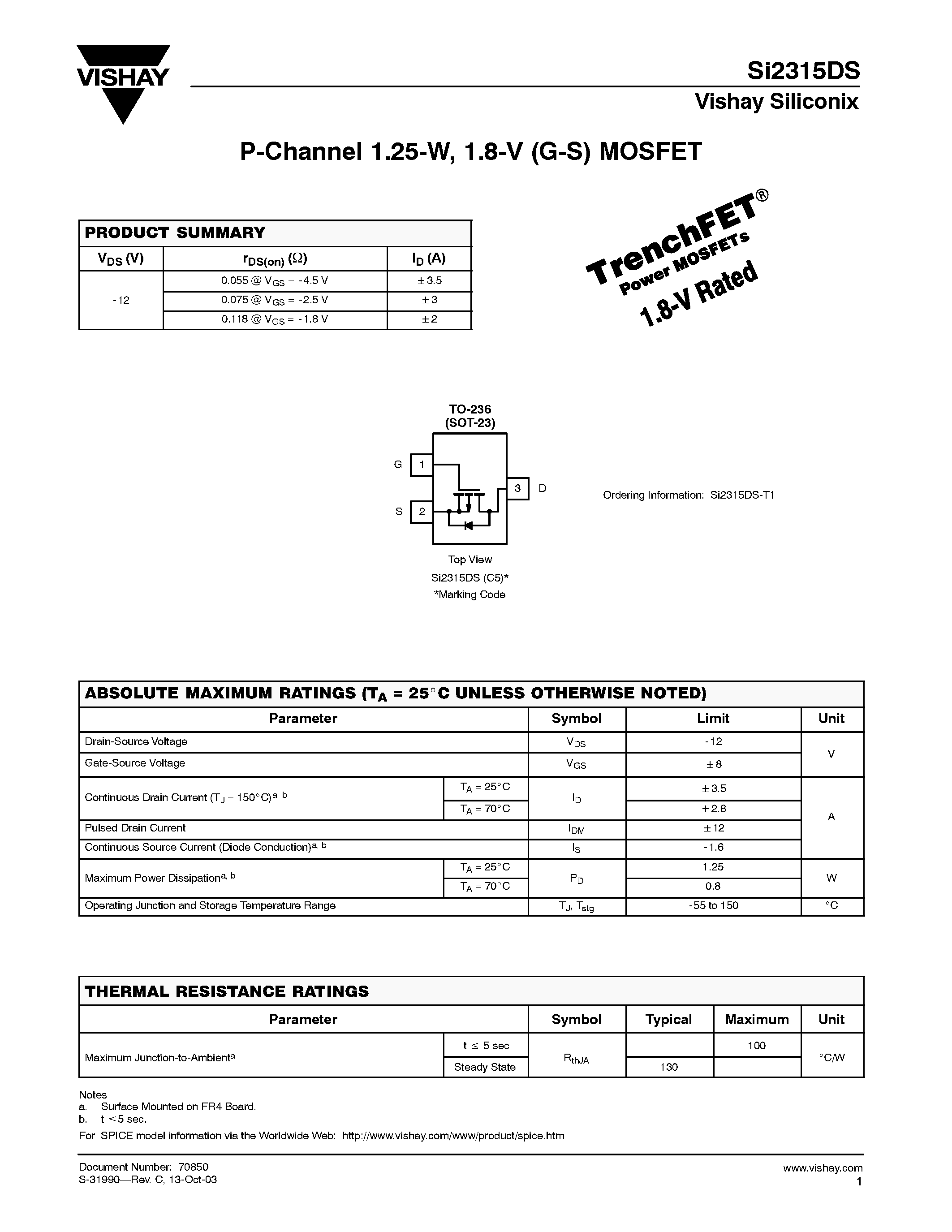 Datasheet SI2315DS - P-Channel 1.25-W/ 1.8-V (G-S) MOSFET page 1