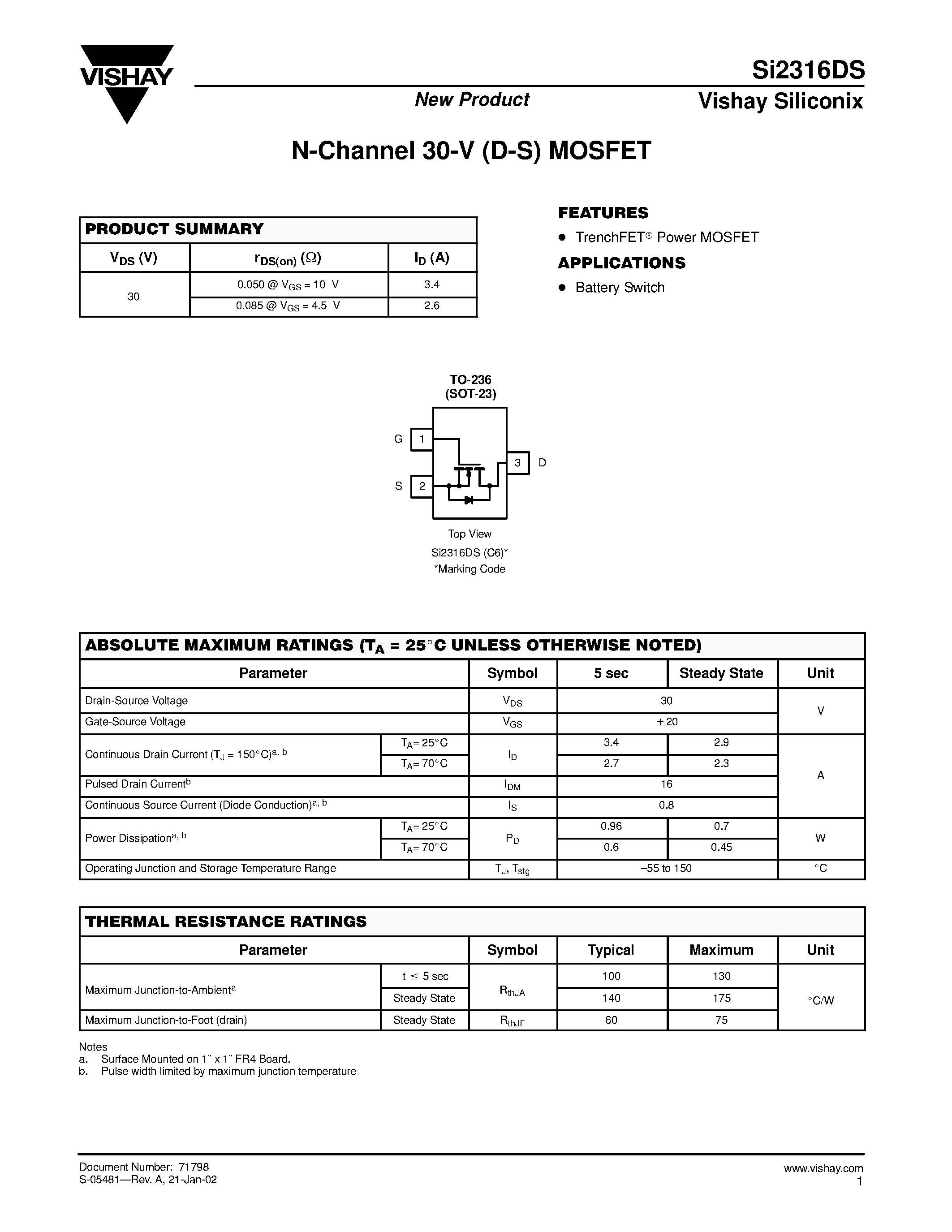 Даташит на микросхему SI2316DS страница 1 Даташит SI2316DS - N-Channel 30-V (D-S) MOSFET страница 1