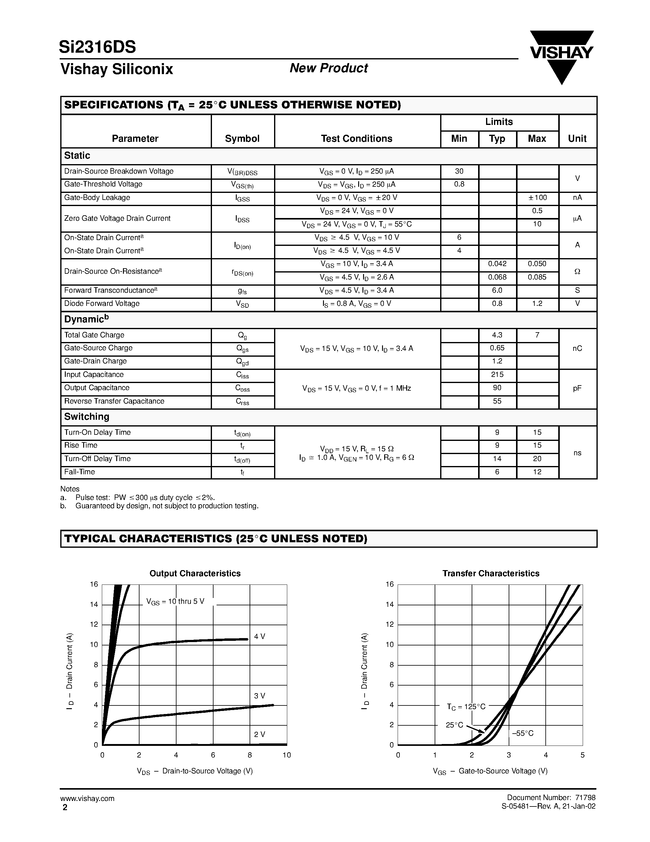 Даташит на микросхему SI2316DS страница 2 Даташит SI2316DS - N-Channel 30-V (D-S) MOSFET страница 2