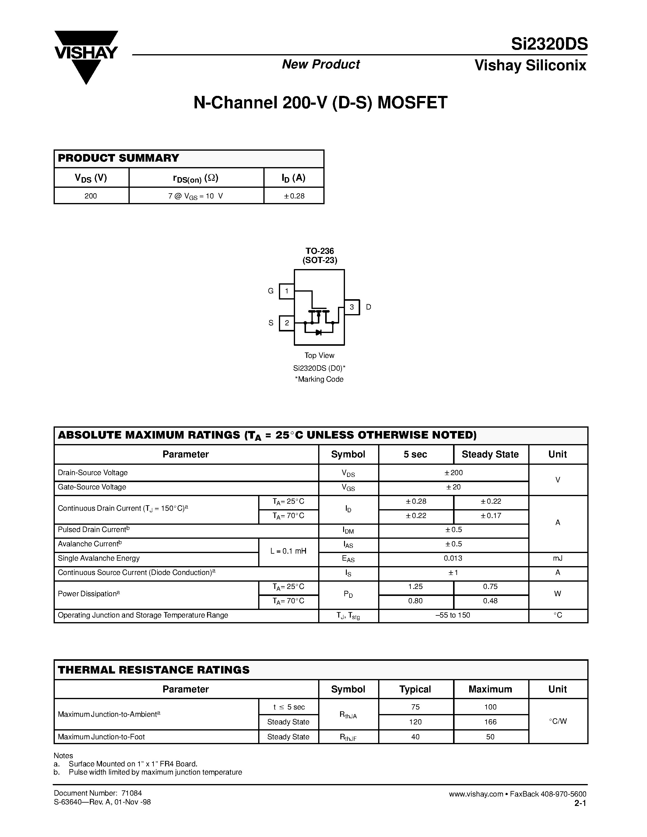 Datasheet SI2320DS page 1 Datasheet SI2320DS - N-Channel 200-V (D-S) MOSFET page 1