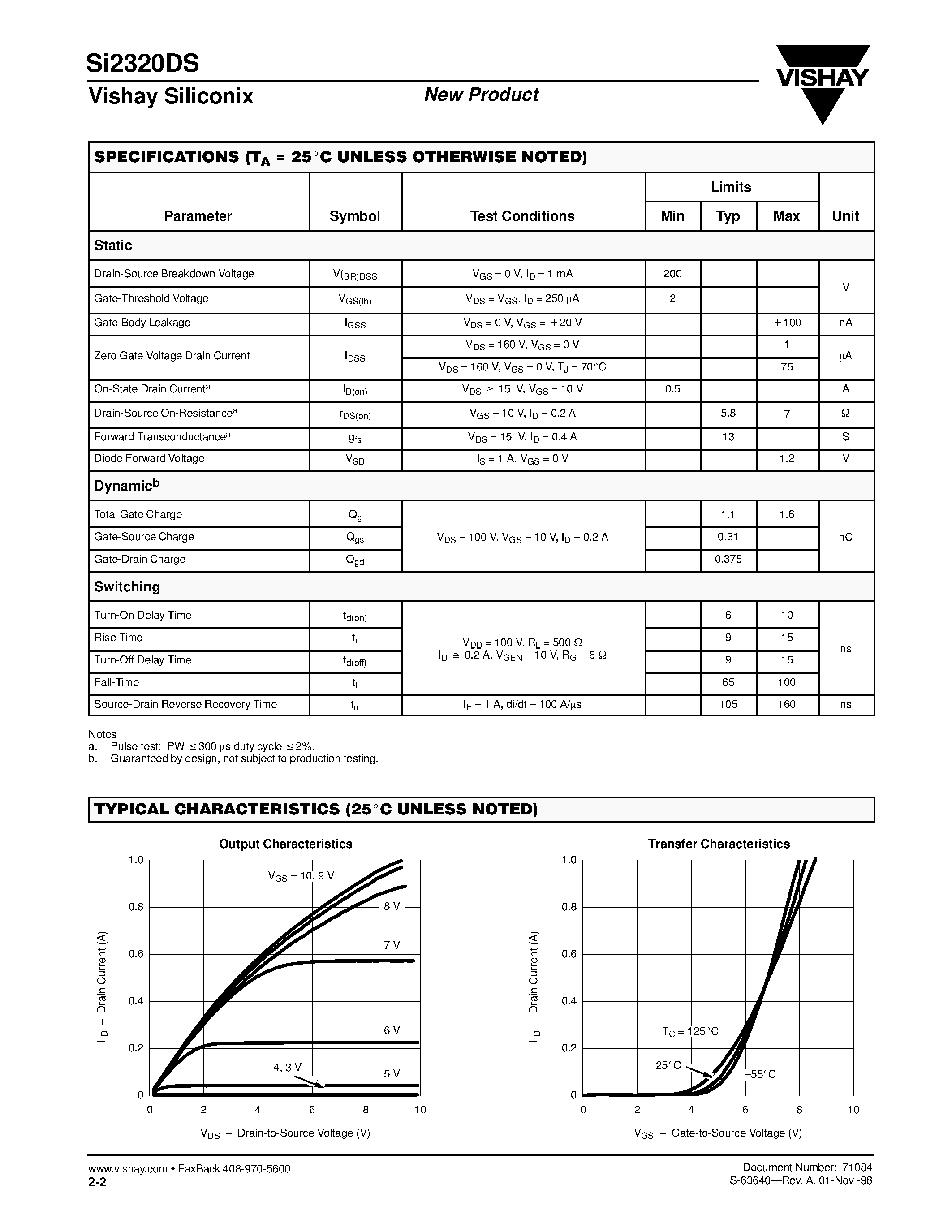 Datasheet SI2320DS page 2 Datasheet SI2320DS - N-Channel 200-V (D-S) MOSFET page 2