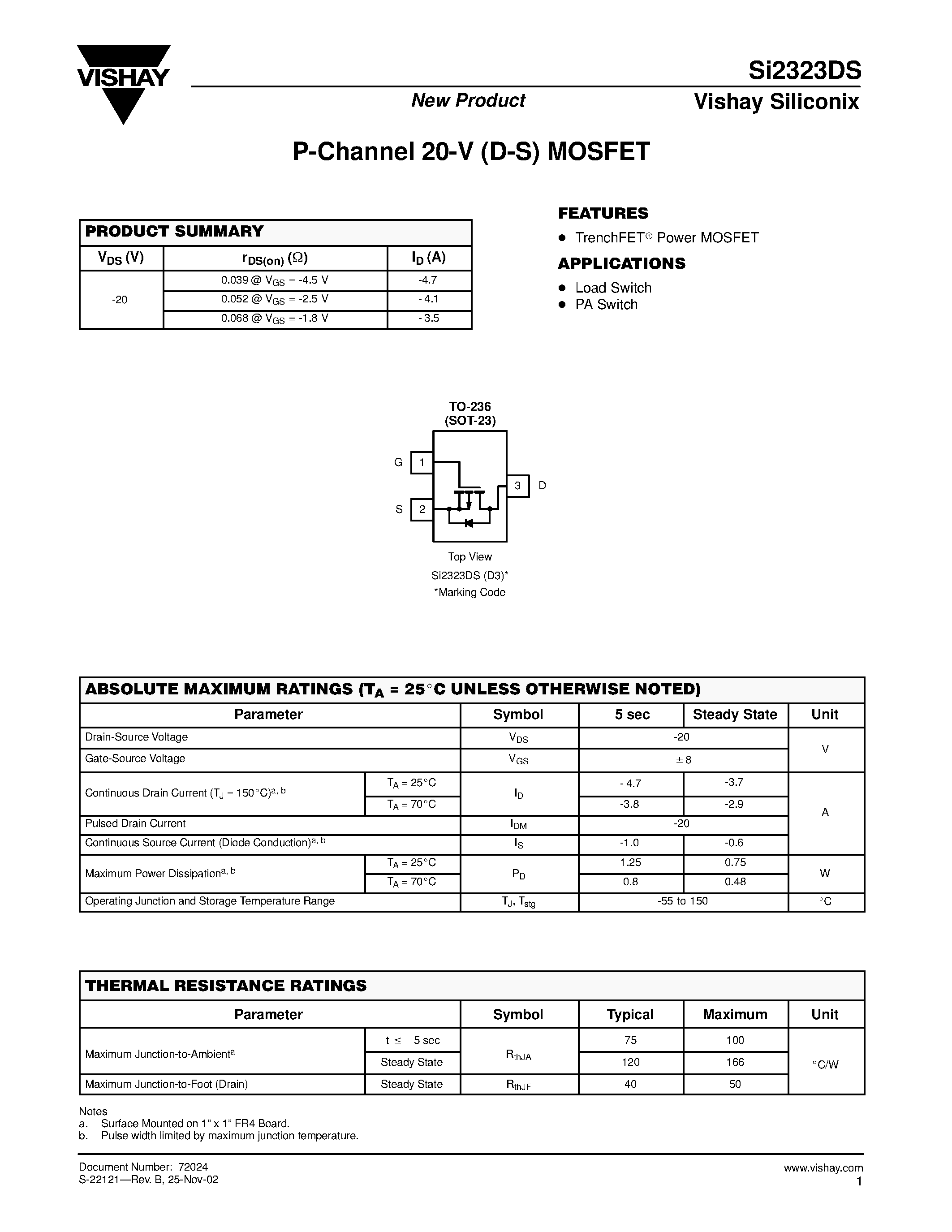 Даташит на микросхему SI2323DS страница 1 Даташит SI2323DS - P-Channel 20-V (D-S) MOSFET страница 1