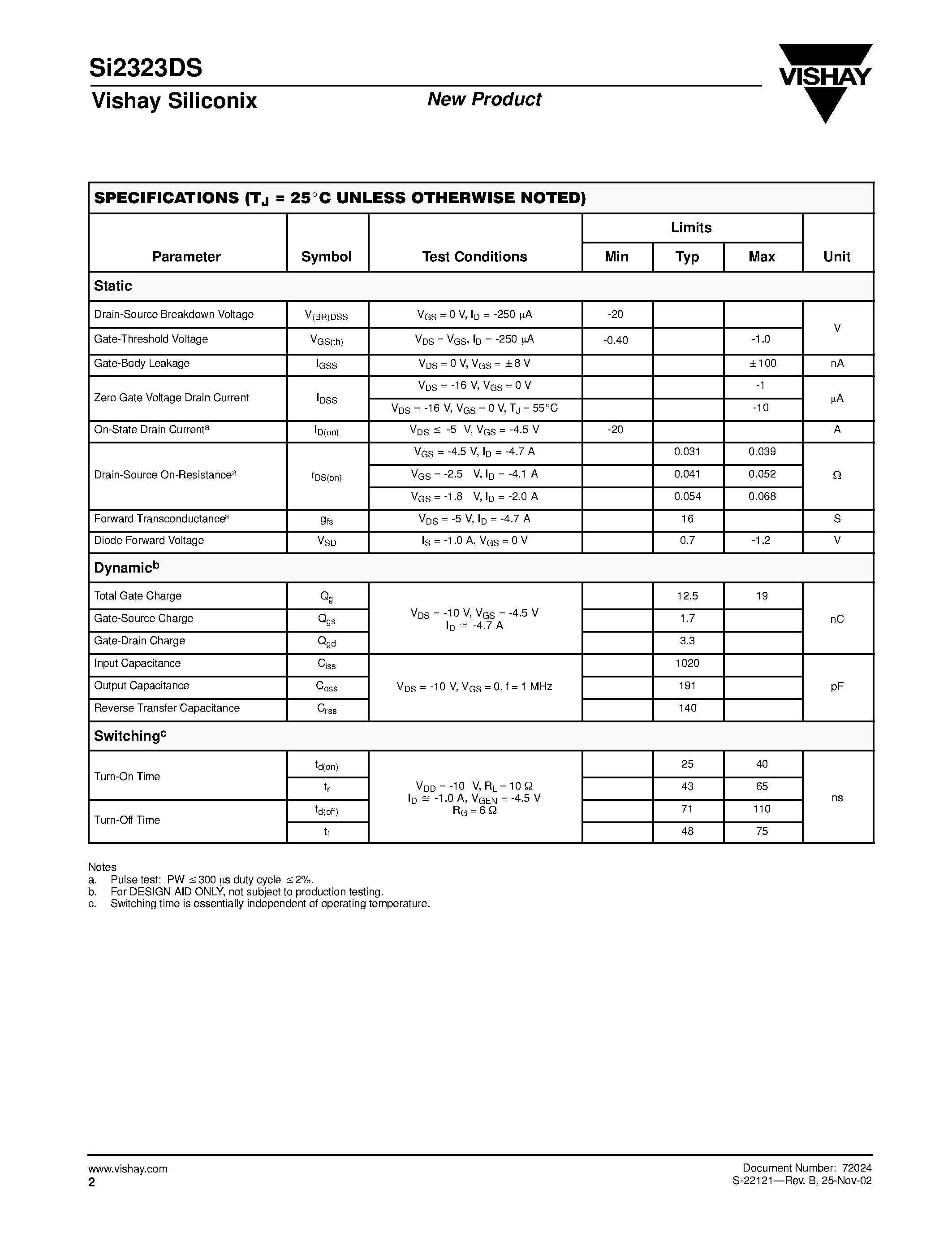 Даташит на микросхему SI2323DS страница 2 Даташит SI2323DS - P-Channel 20-V (D-S) MOSFET страница 2